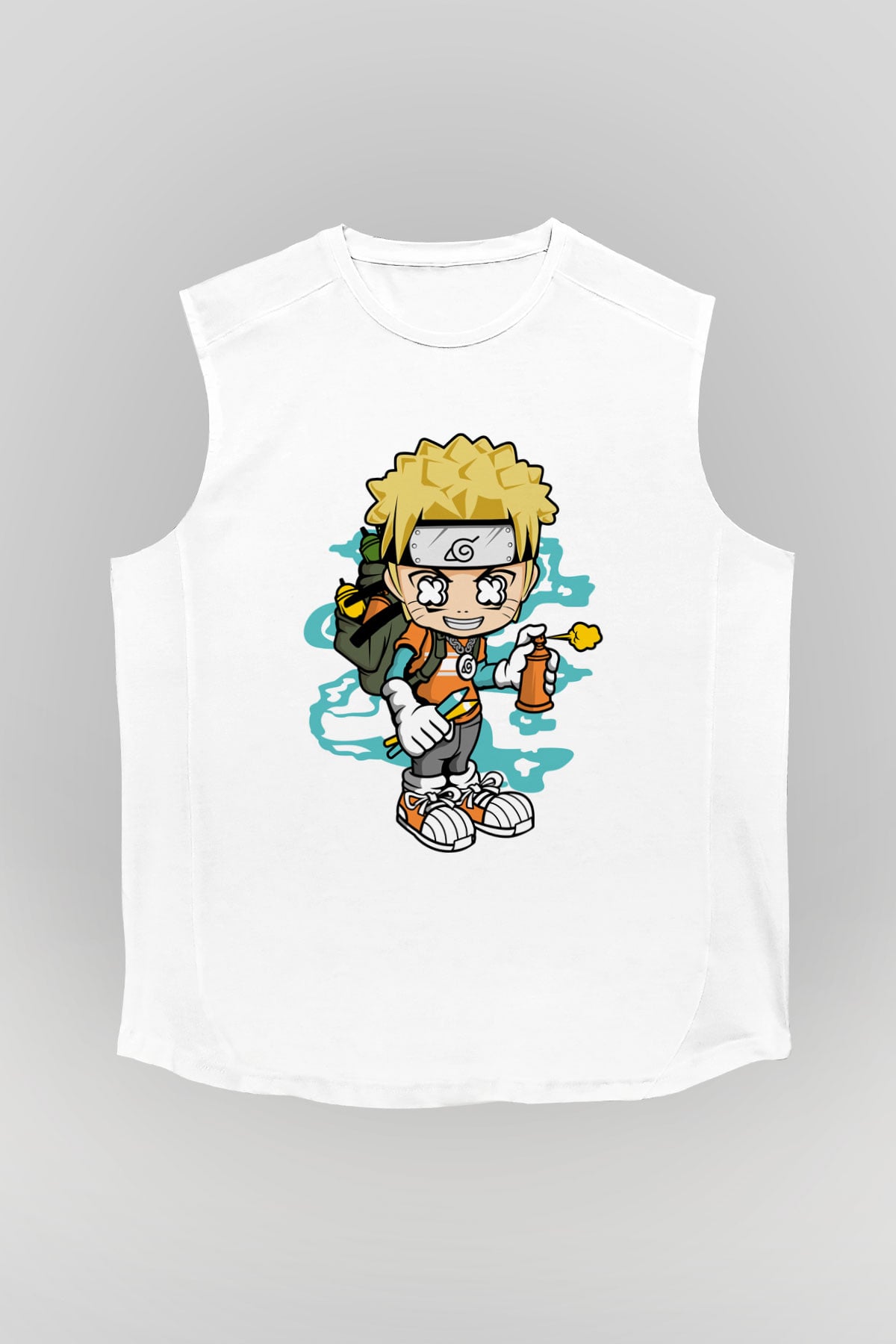 Naruto Bomber Baskılı Unisex Beyaz Kolsuz Tişört
