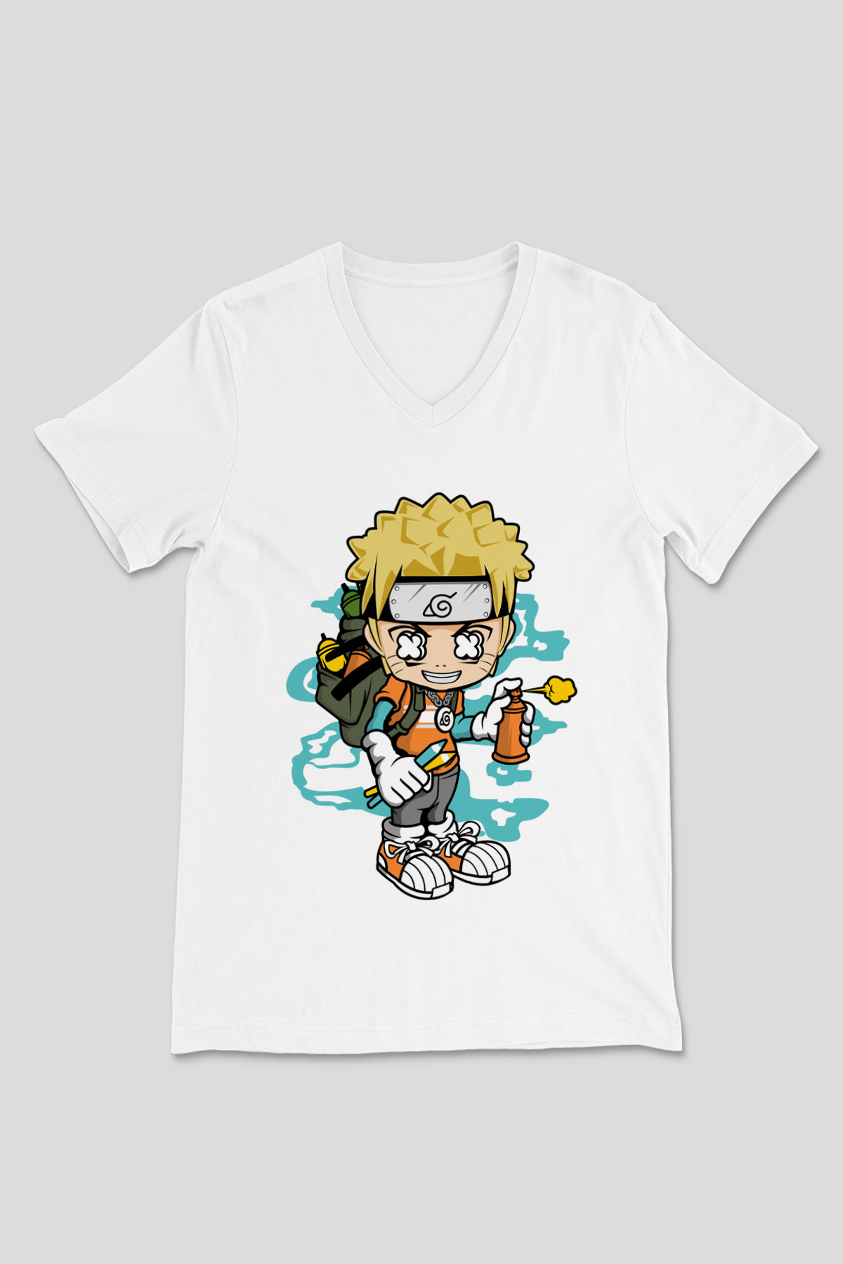 Naruto Bomber Baskılı Unisex Beyaz V Yaka Tişört