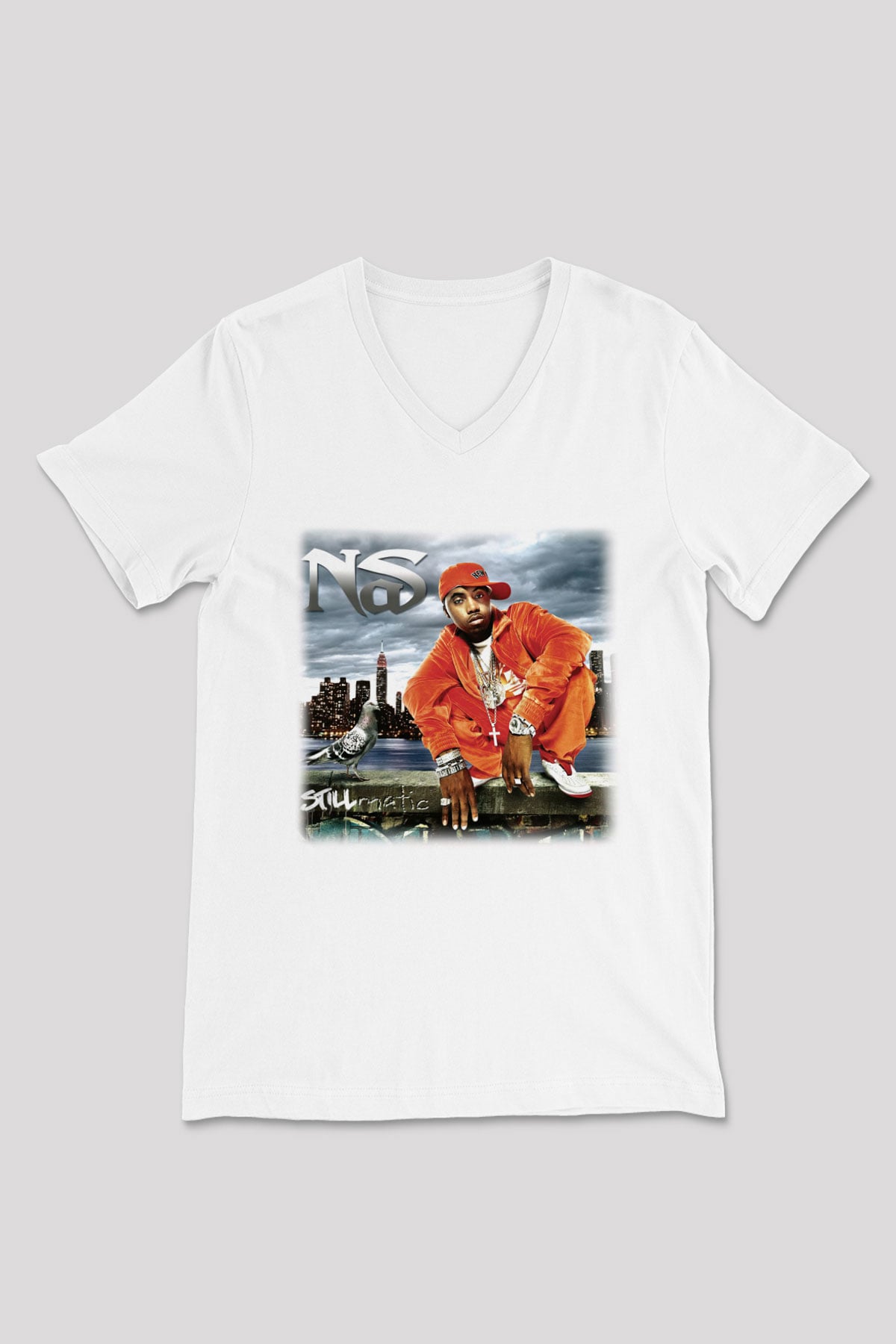 Nas Beyaz Unisex V Yaka Tişört T-Shirt