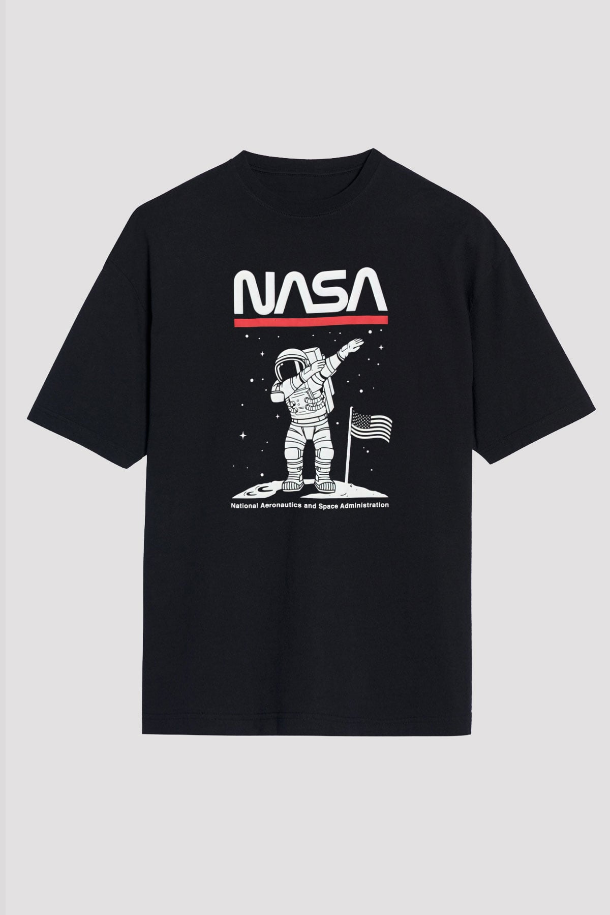 Nasa Asntonot Aya Ayak Basma Baskılı Unisex Siyah Oversize Tişört