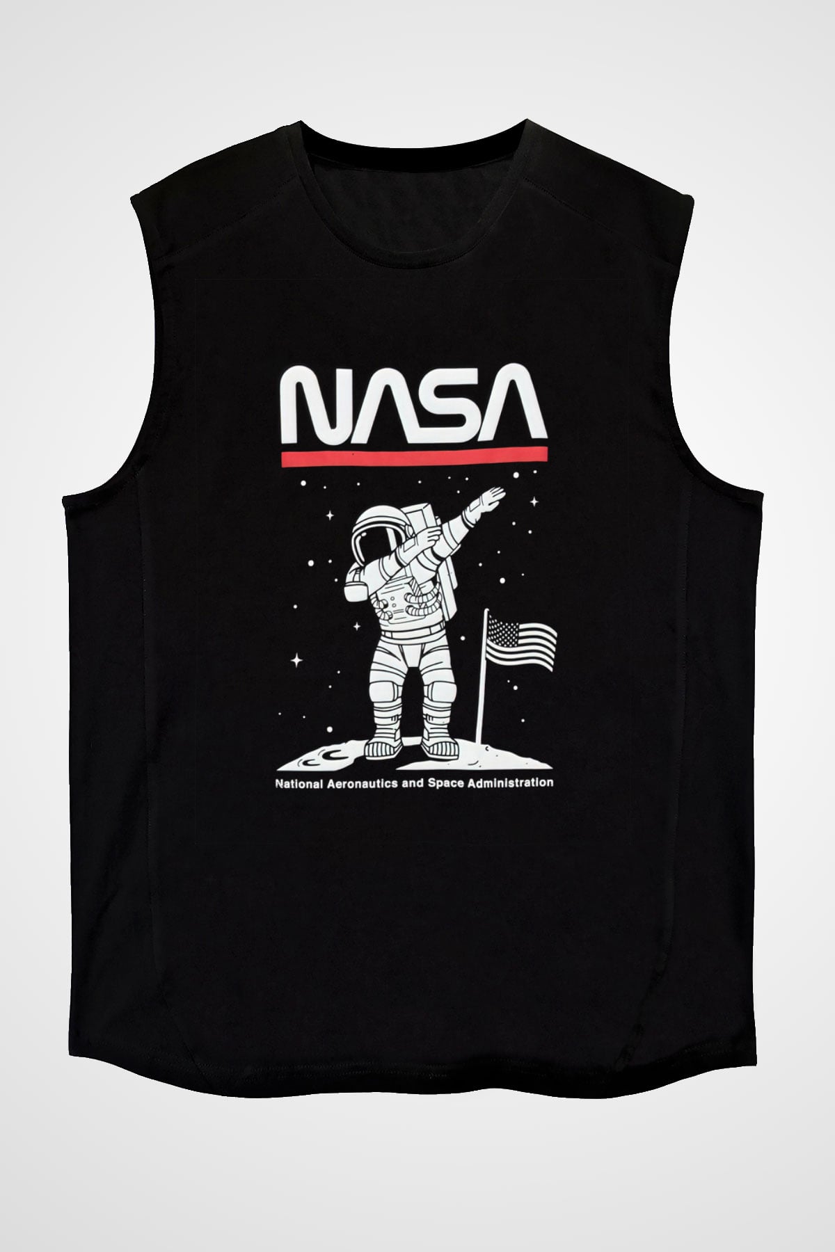 Nasa Asntonot Aya Ayak Basma Baskılı Unisex Siyah Kolsuz Tişört