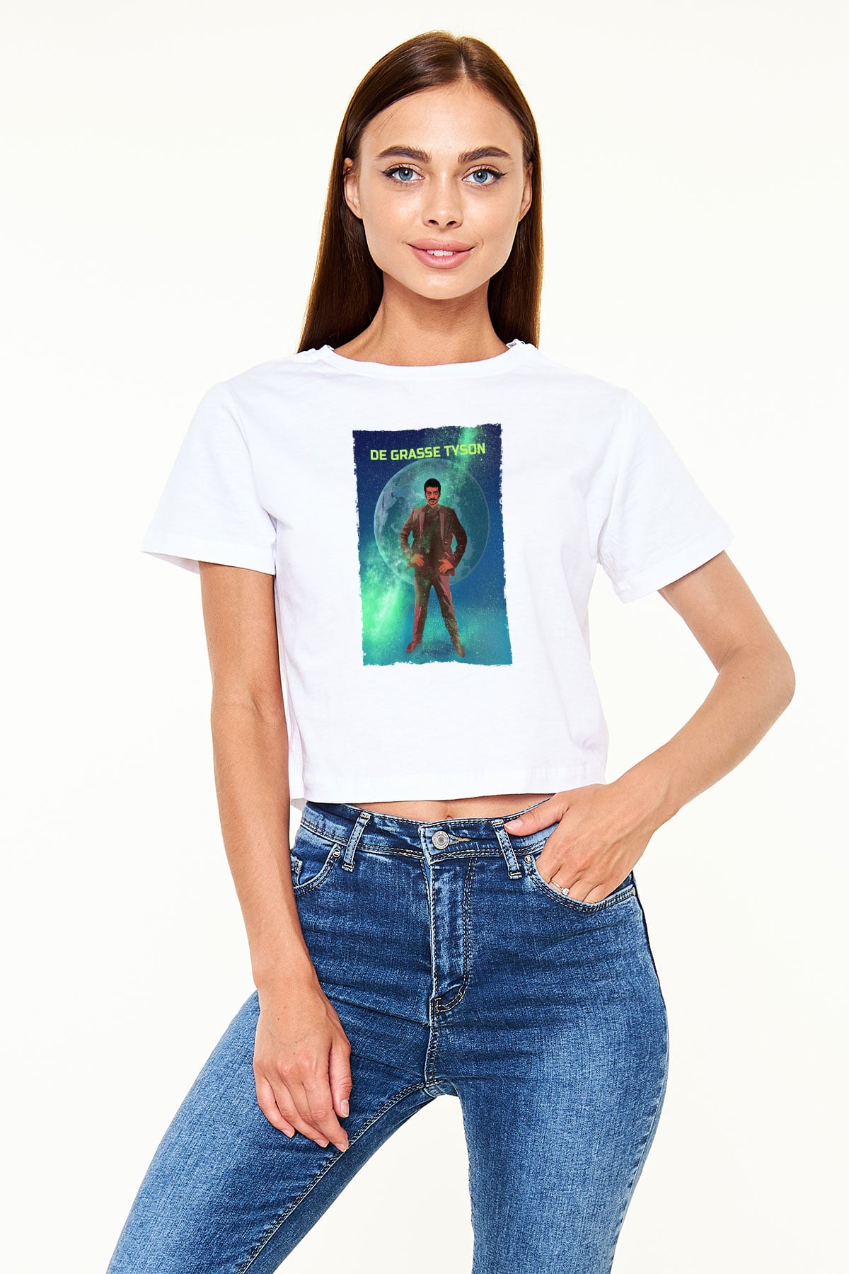 Neil De Grasse Tyson Baskılı Kadın Crop Top Beyaz Tişört