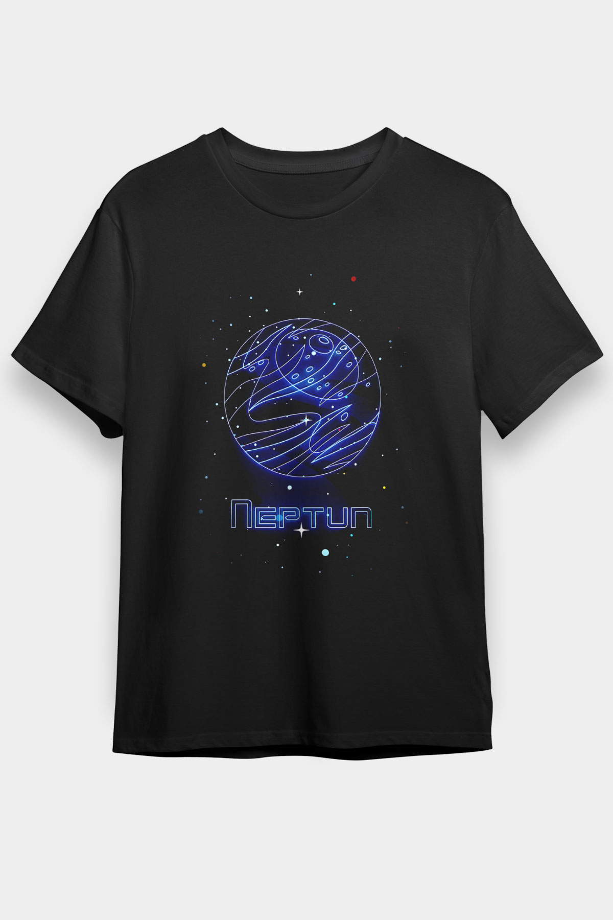Neptün Çizim Baskılı Unisex Siyah Tişört - Tshirt