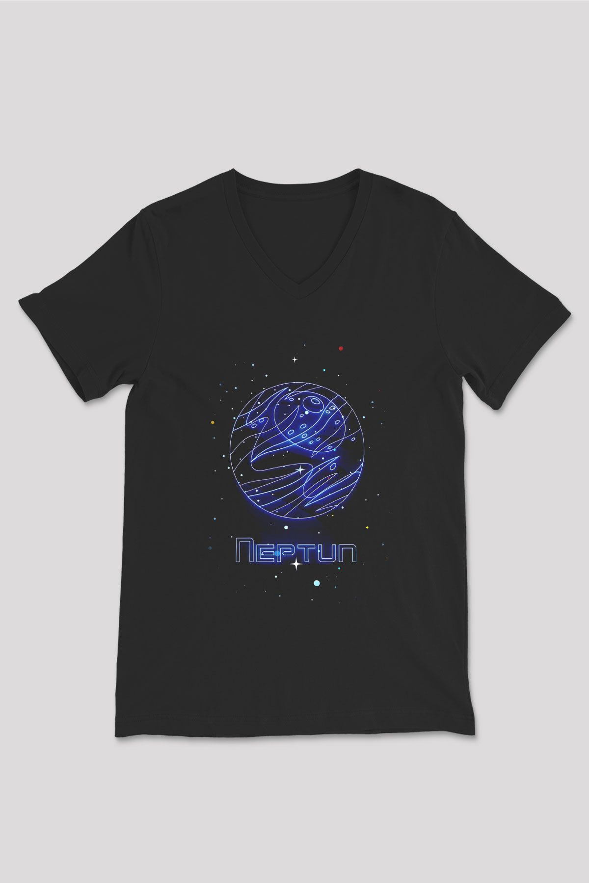 Neptün Çizim Baskılı Unisex V Yaka Siyah Tİşört - Tshirt