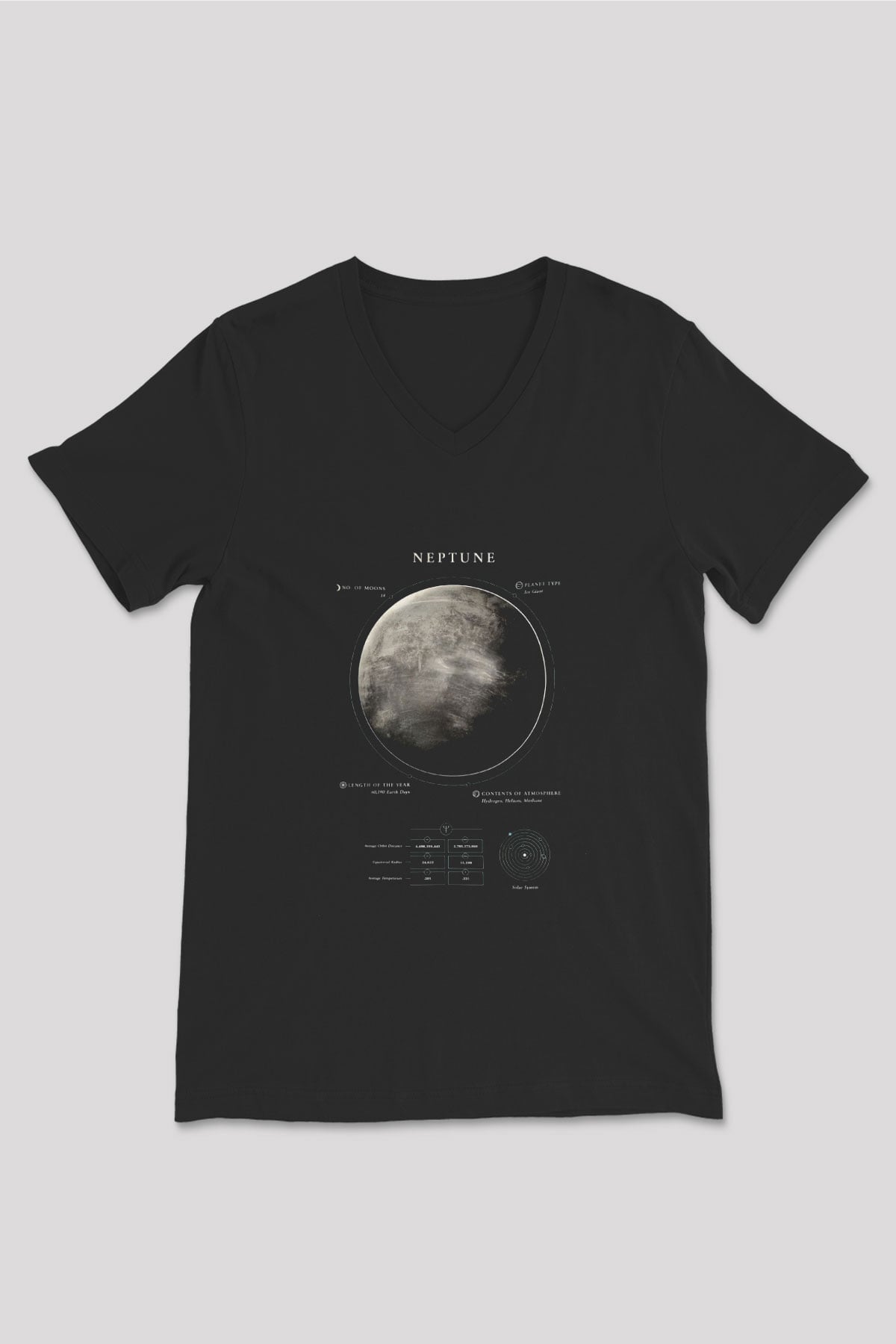 Neptün Fiziksel Özellikleri Baskılı Unisex V Yaka Siyah Tİşört - Tshirt