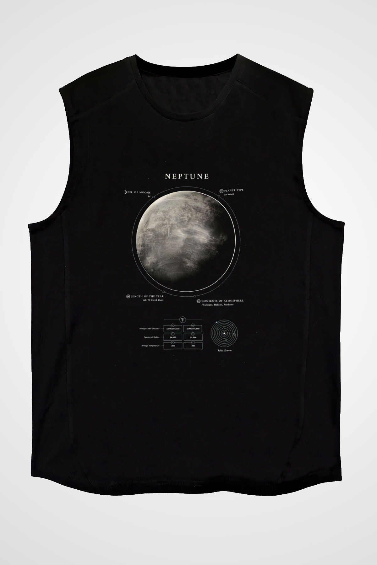 Neptün Fiziksel Özellikleri Baskılı Unisex Kolsuz Siyah Tişört - Tshirt