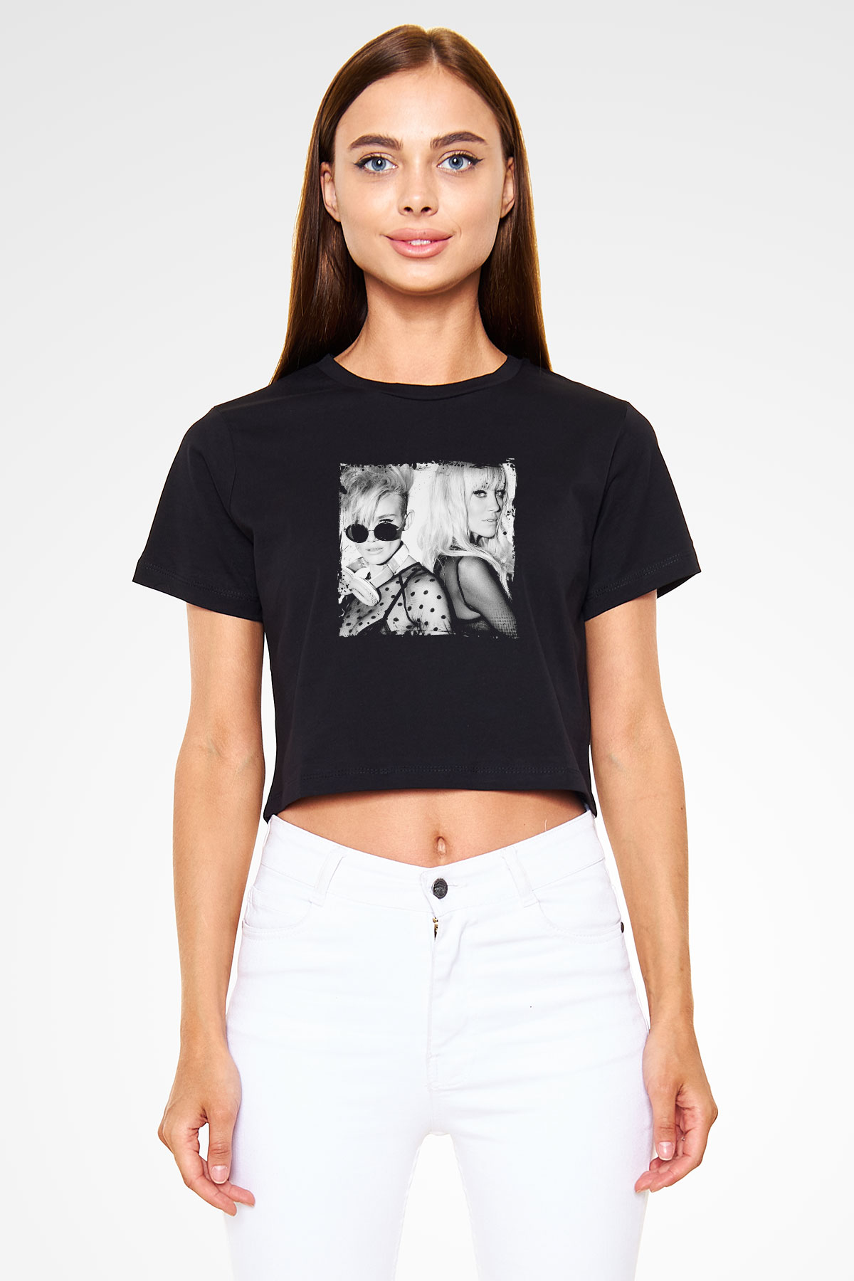 Nervo Baskılı Crop Top Siyah Kadın Tişört