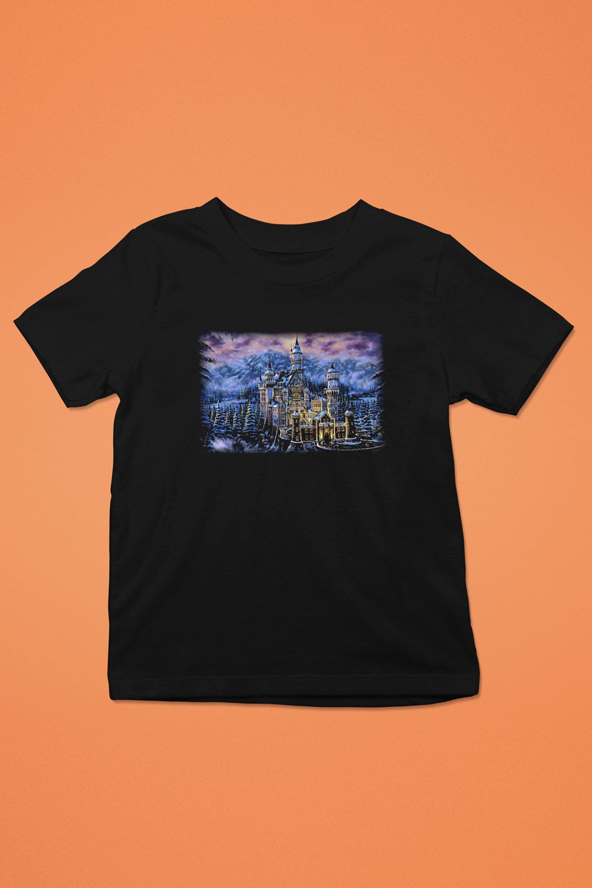 Neuschwanstein Şatosu Baskılı Siyah Unisex Çocuk Tişört