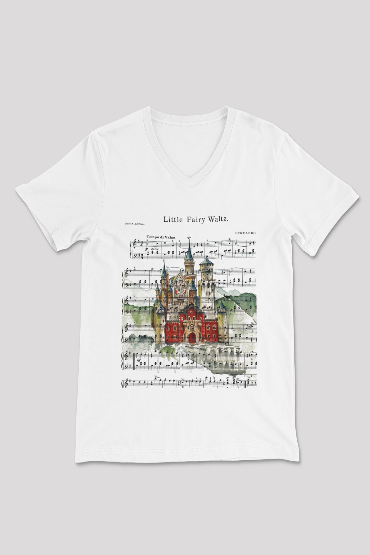 Neuschwanstein Şatosu Beyaz Unisex V Yaka Tişört T-Shirt