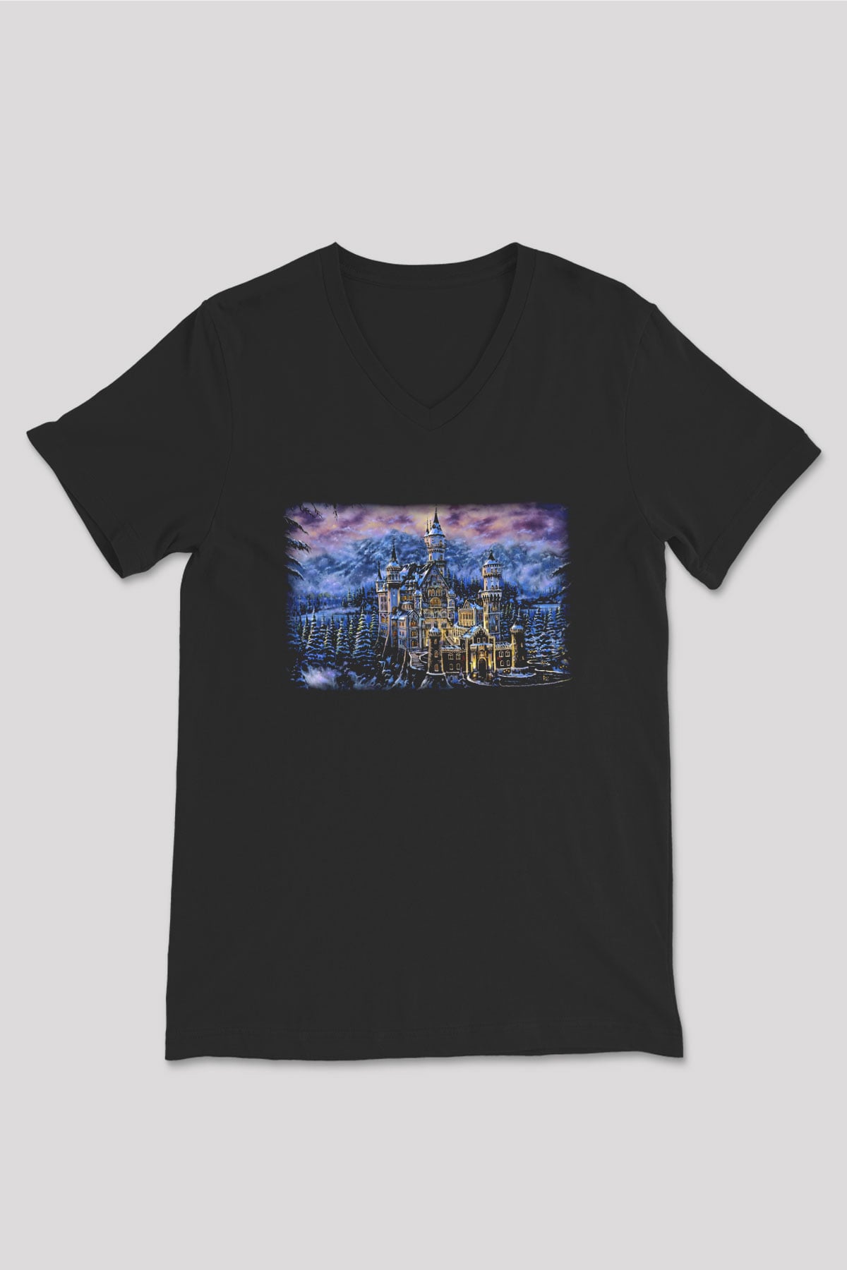 Neuschwanstein Şatosu Siyah Unisex V Yaka Tişört T-Shirt