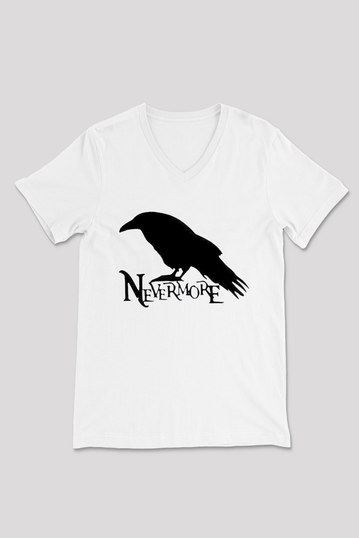 Nevermore Baskılı Beyaz Unisex V Yaka Tişört - Tshirt
