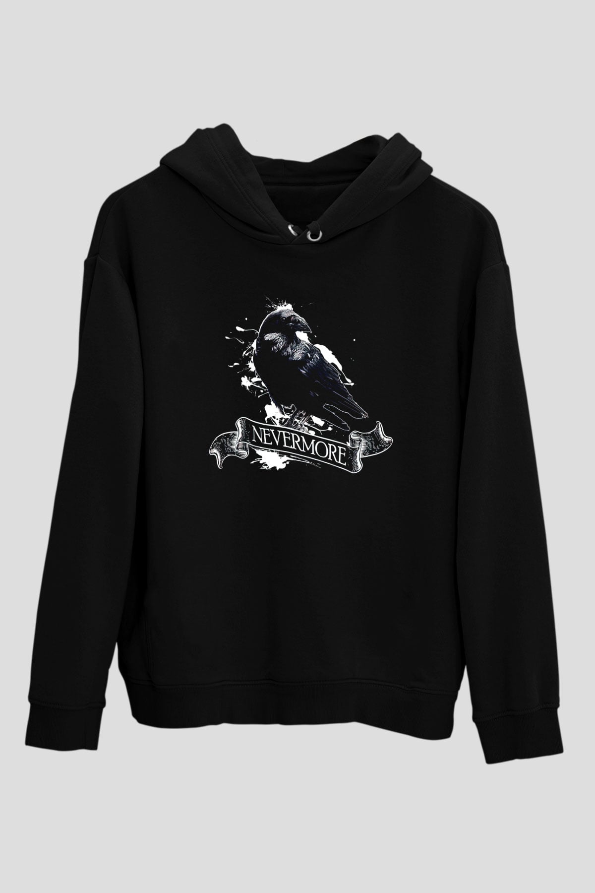 Nevermore Baskılı Unisex Siyah Kapüşonlu Sweatshirt