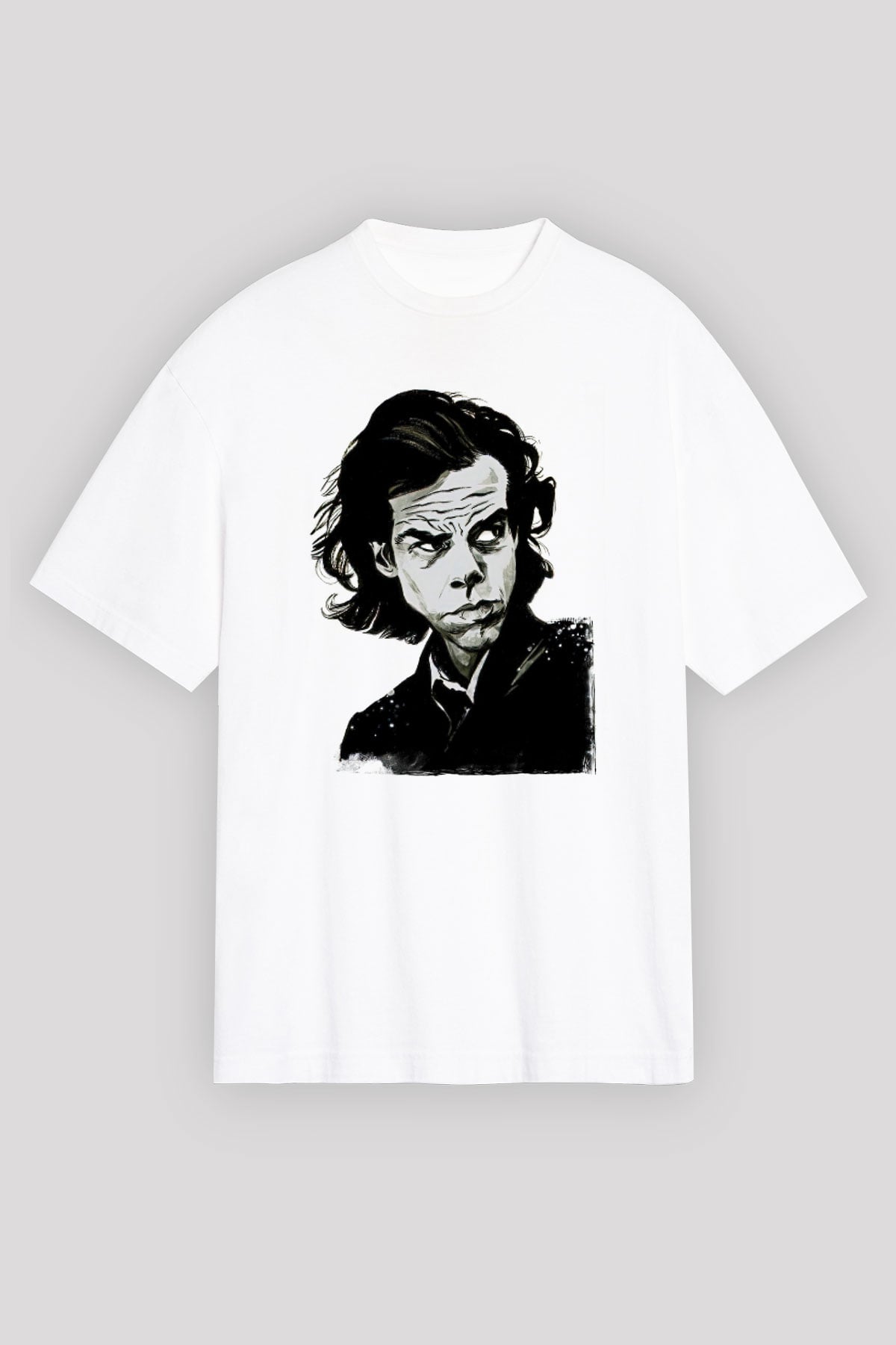 Nick Cave Baskılı Beyaz Unisex Oversize Tişört - Tshirt