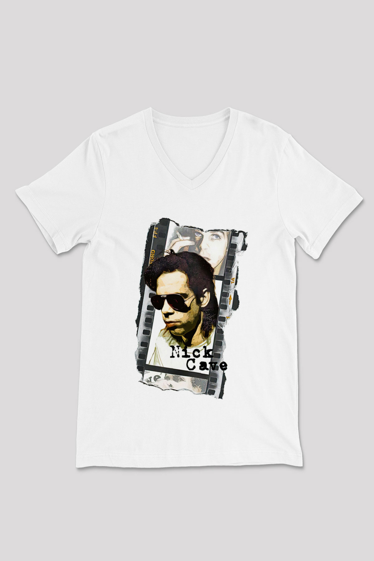 Nick Cave Baskılı Beyaz Unisex V Yaka Tişört - Tshirt