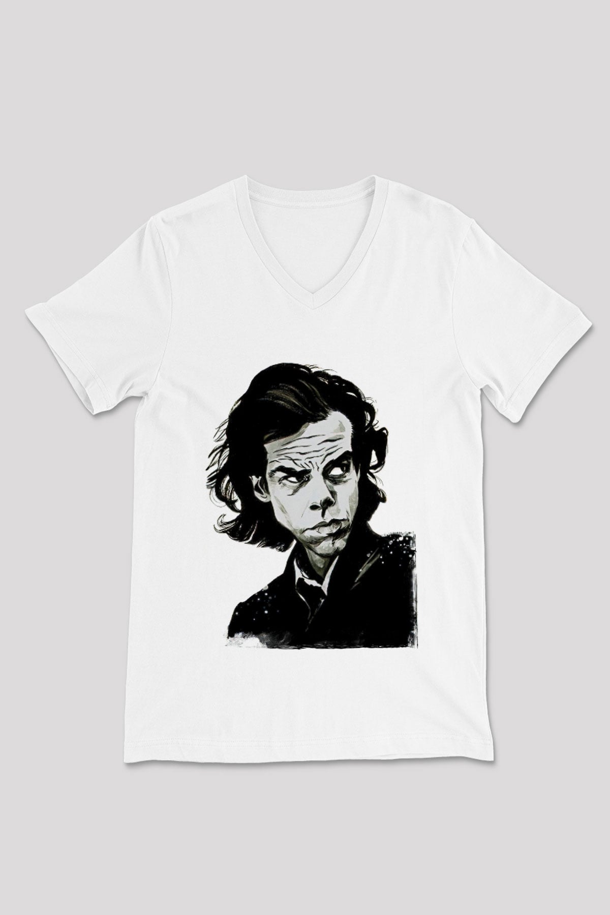Nick Cave Baskılı Beyaz Unisex V Yaka Tişört - Tshirt