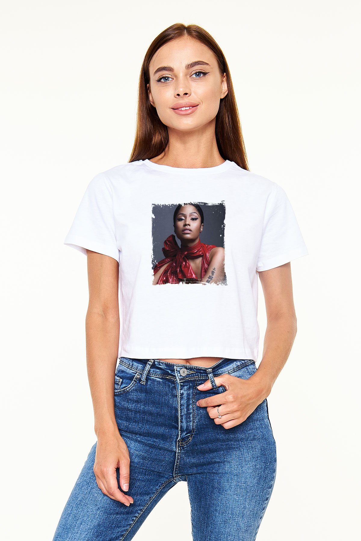 Nicki Minaj Baskılı Beyaz Kadın Crop Top Tişört
