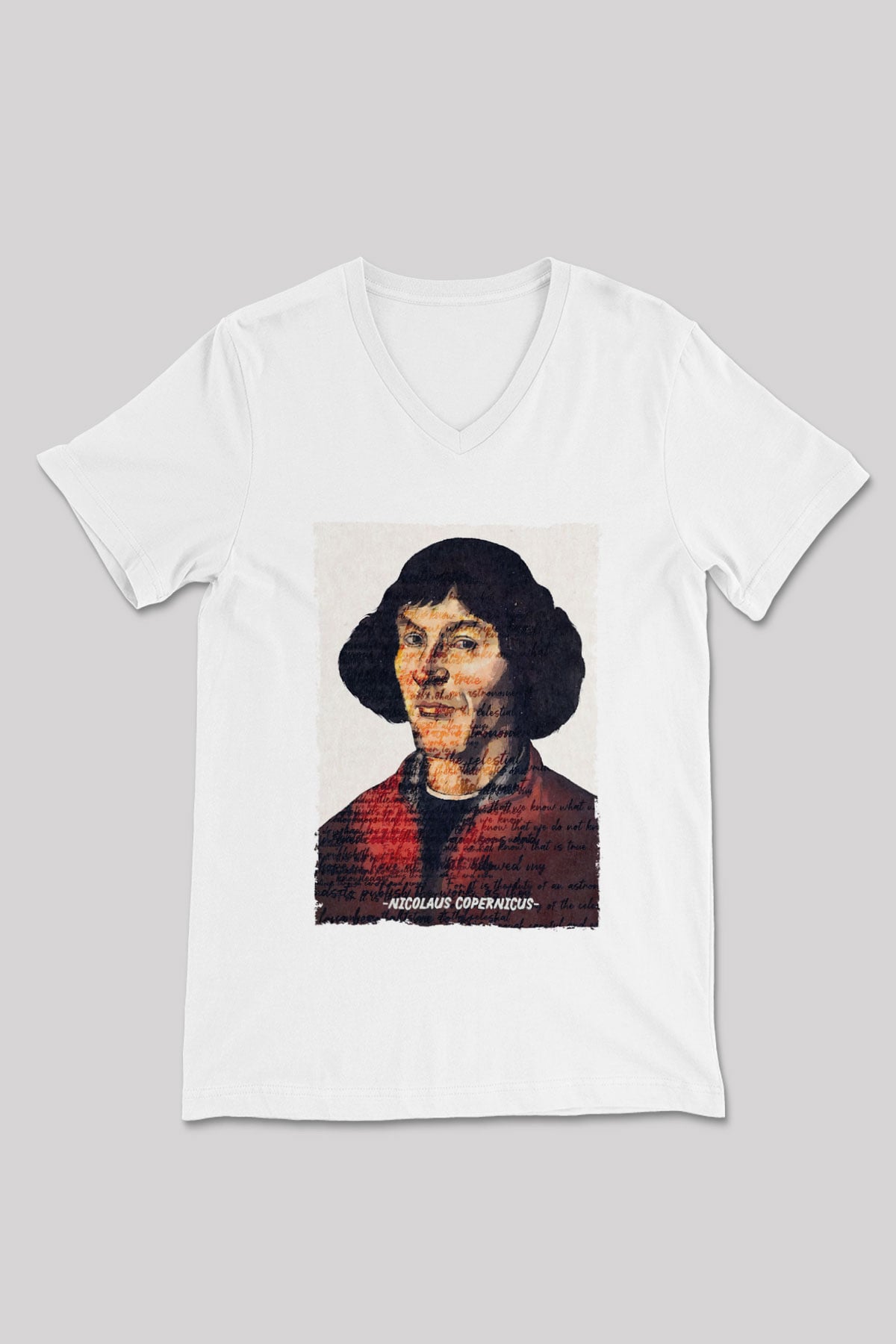 Nicolaus Copernicus Baskılı Unisex V Yaka Beyaz Tişört - Tshirt