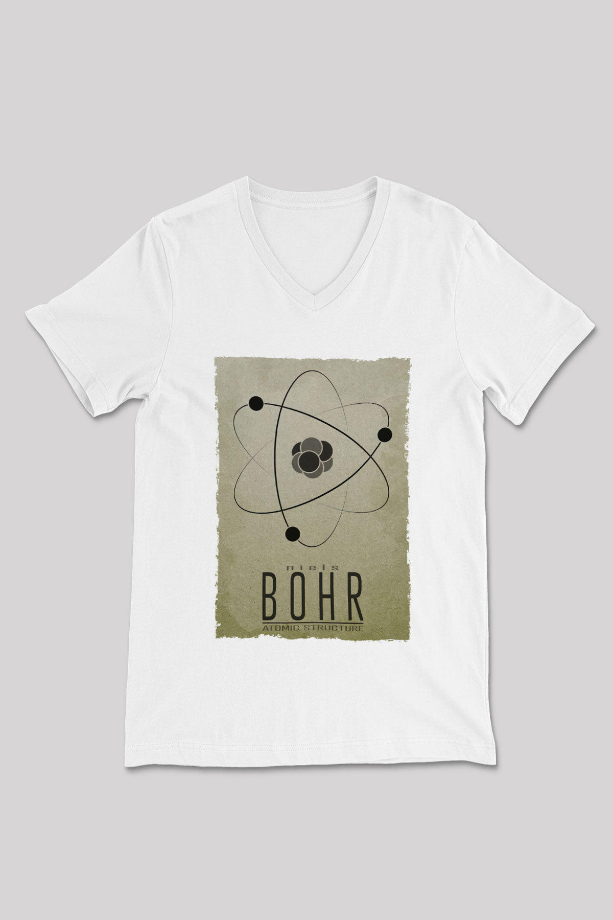 Niehls Bohr Atom Baskılı Unisex V Yaka Beyaz Tişört - Tshirt