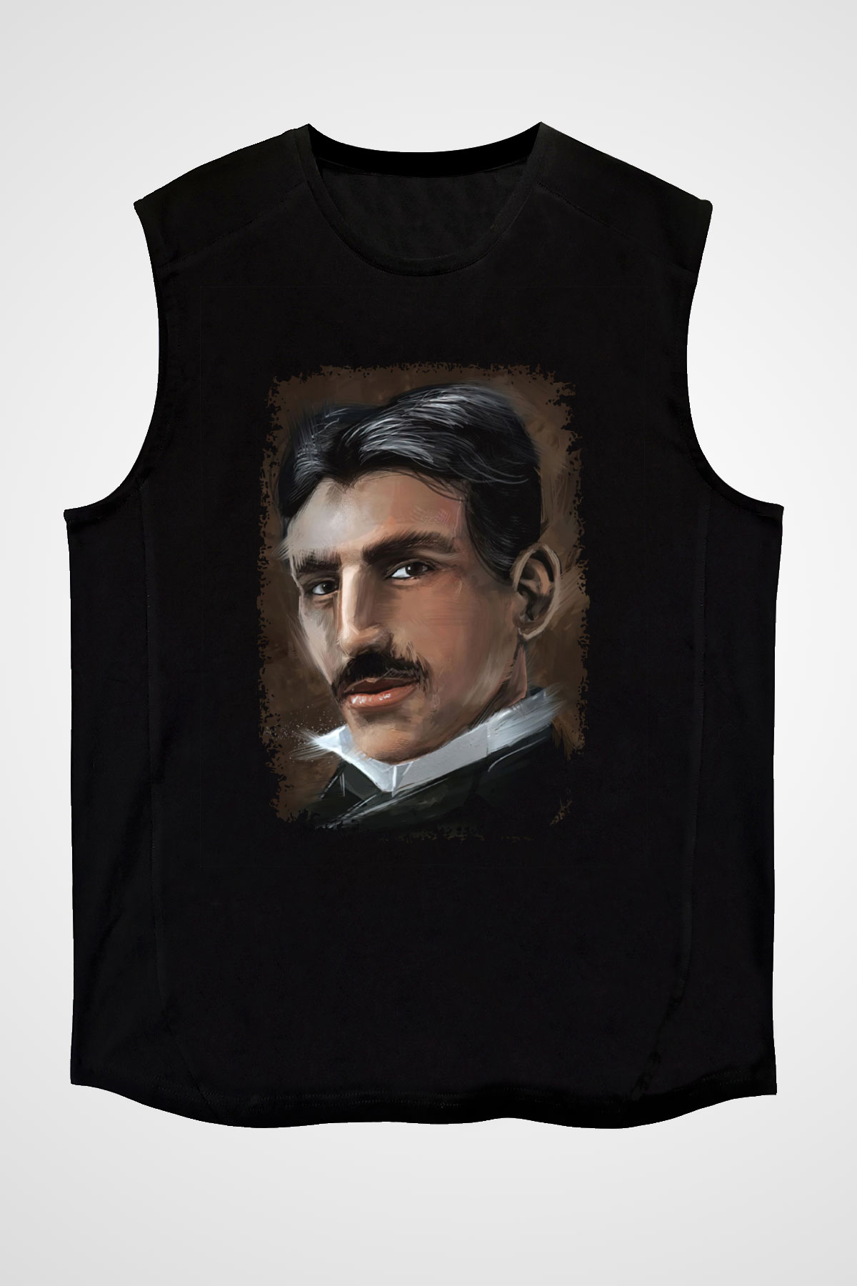 Nikola Tesla Baskılı Unisex Kolsuz Siyah Tişört - Tshirt