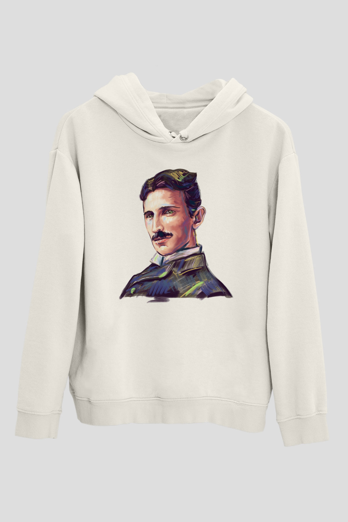 Nikola Tesla Çizim Portre Baskılı Unisex Beyaz Hoodie