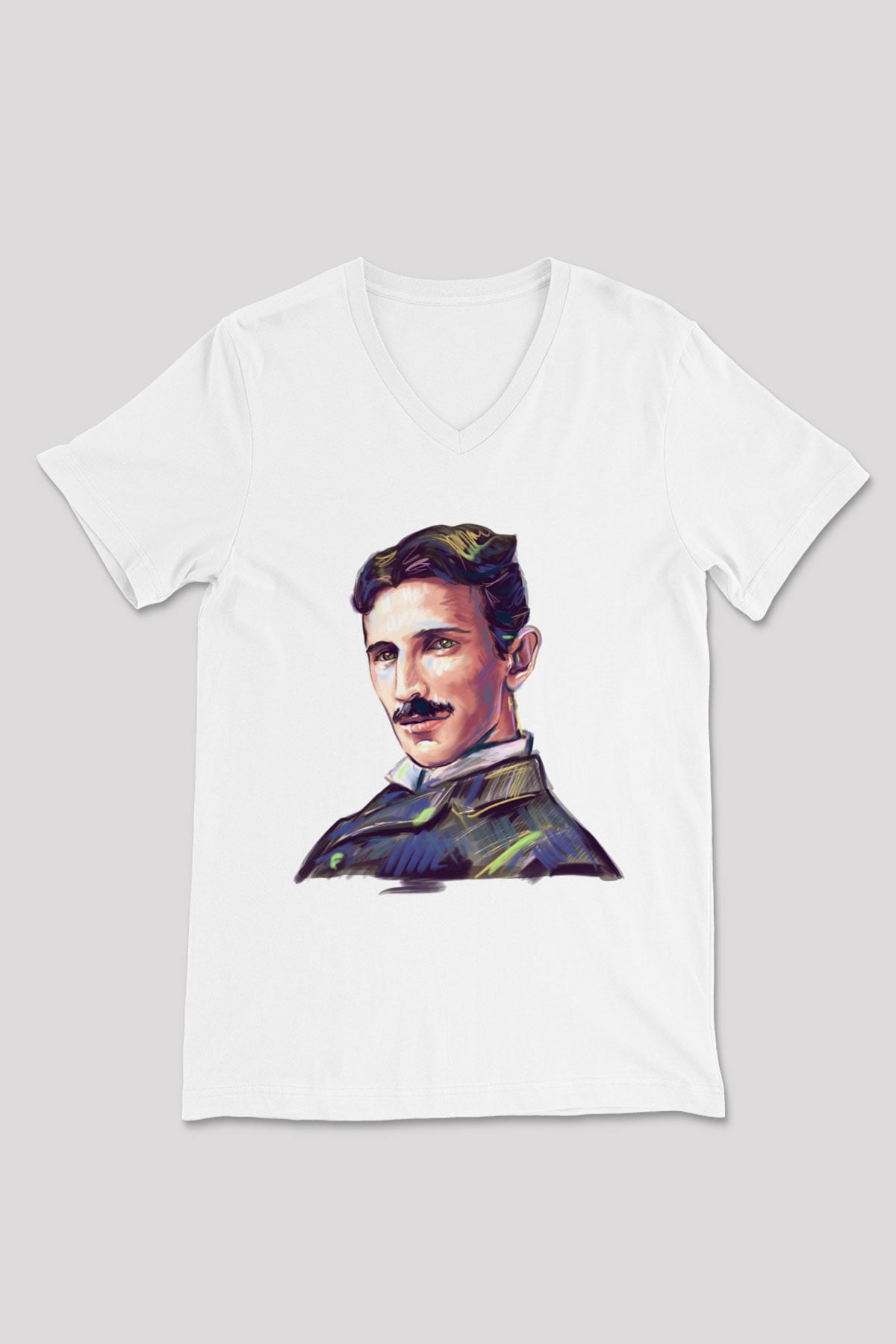 Nikola Tesla Çizim Portre Baskılı Unisex Beyaz V Yaka Tişört