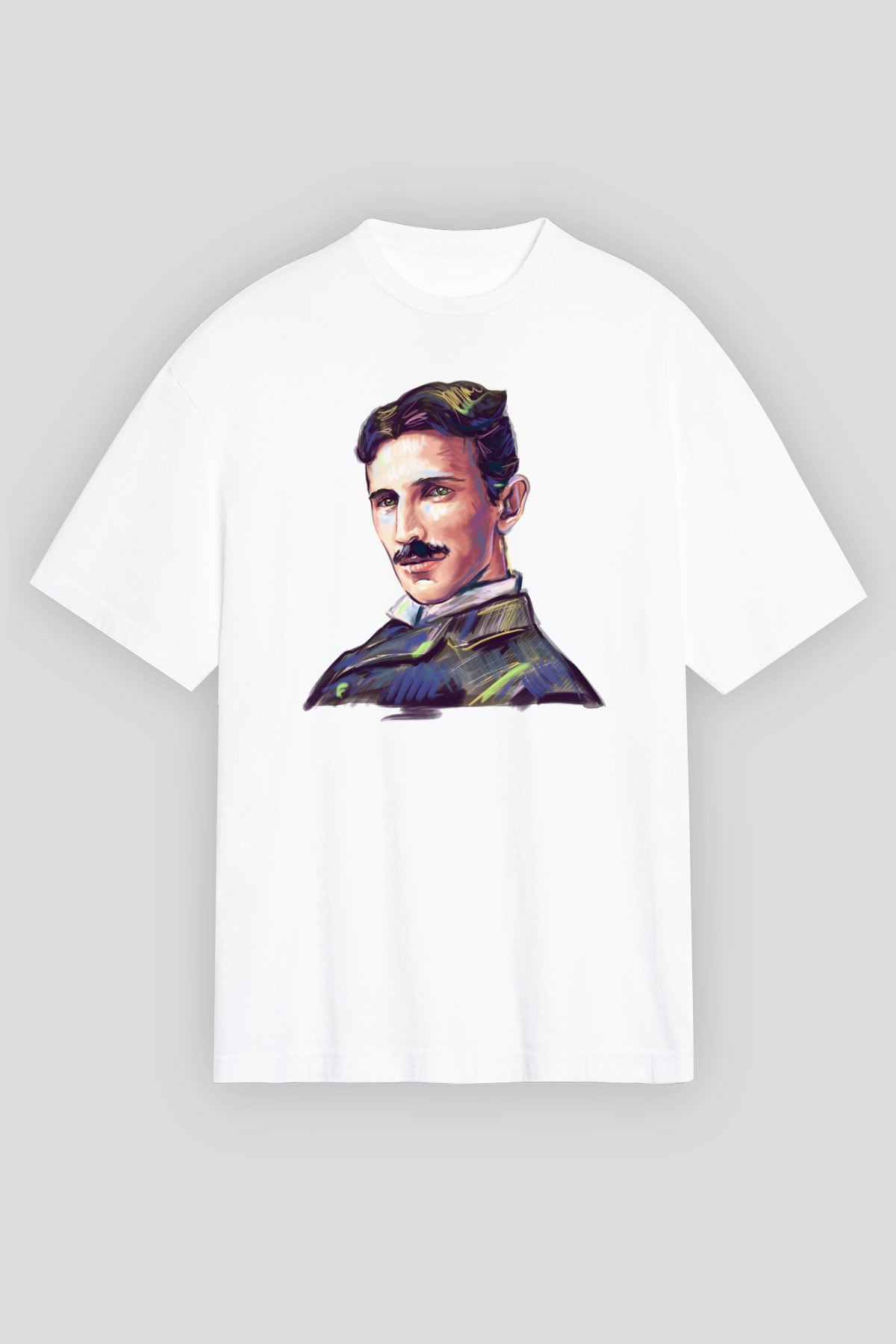 Nikola Tesla Çizim Portre Baskılı Unisex Beyaz Oversize Tişört