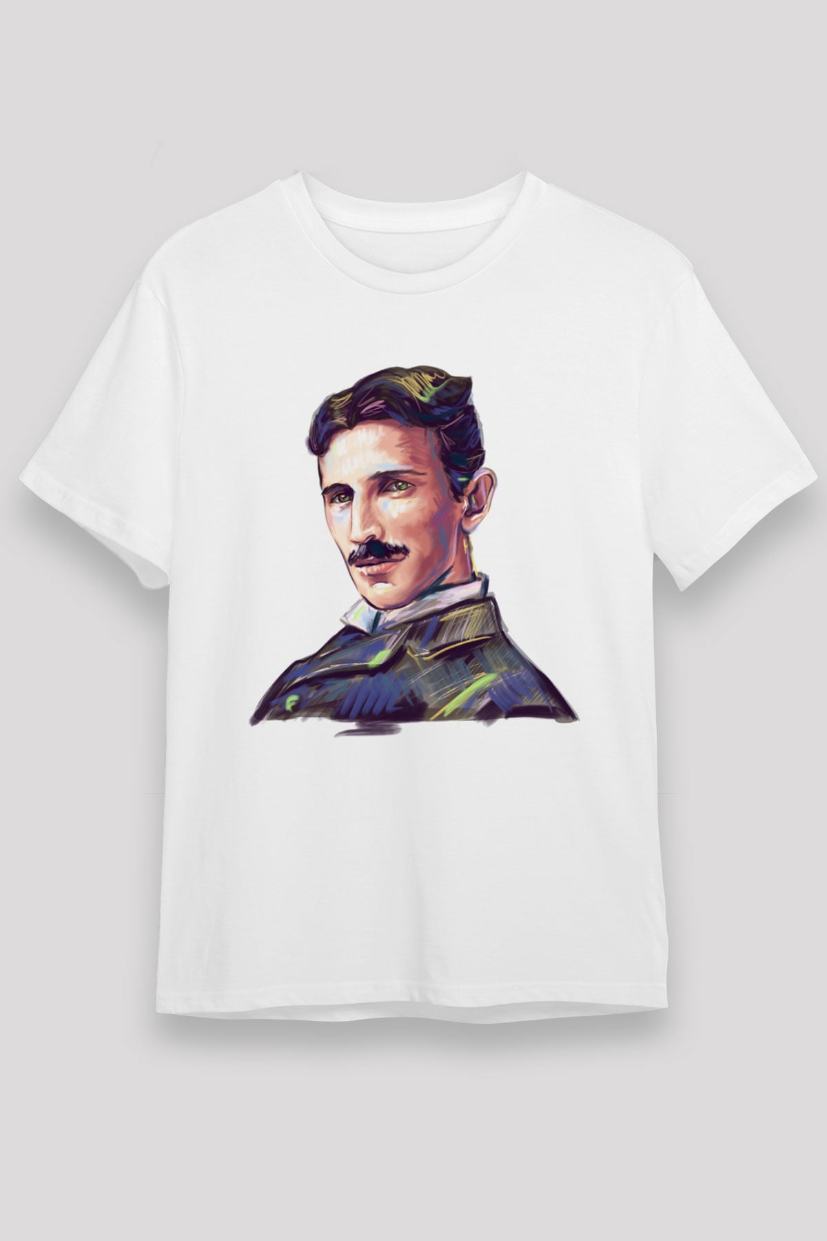 Nikola Tesla Çizim Portre Baskılı Unisex Beyaz Tişört