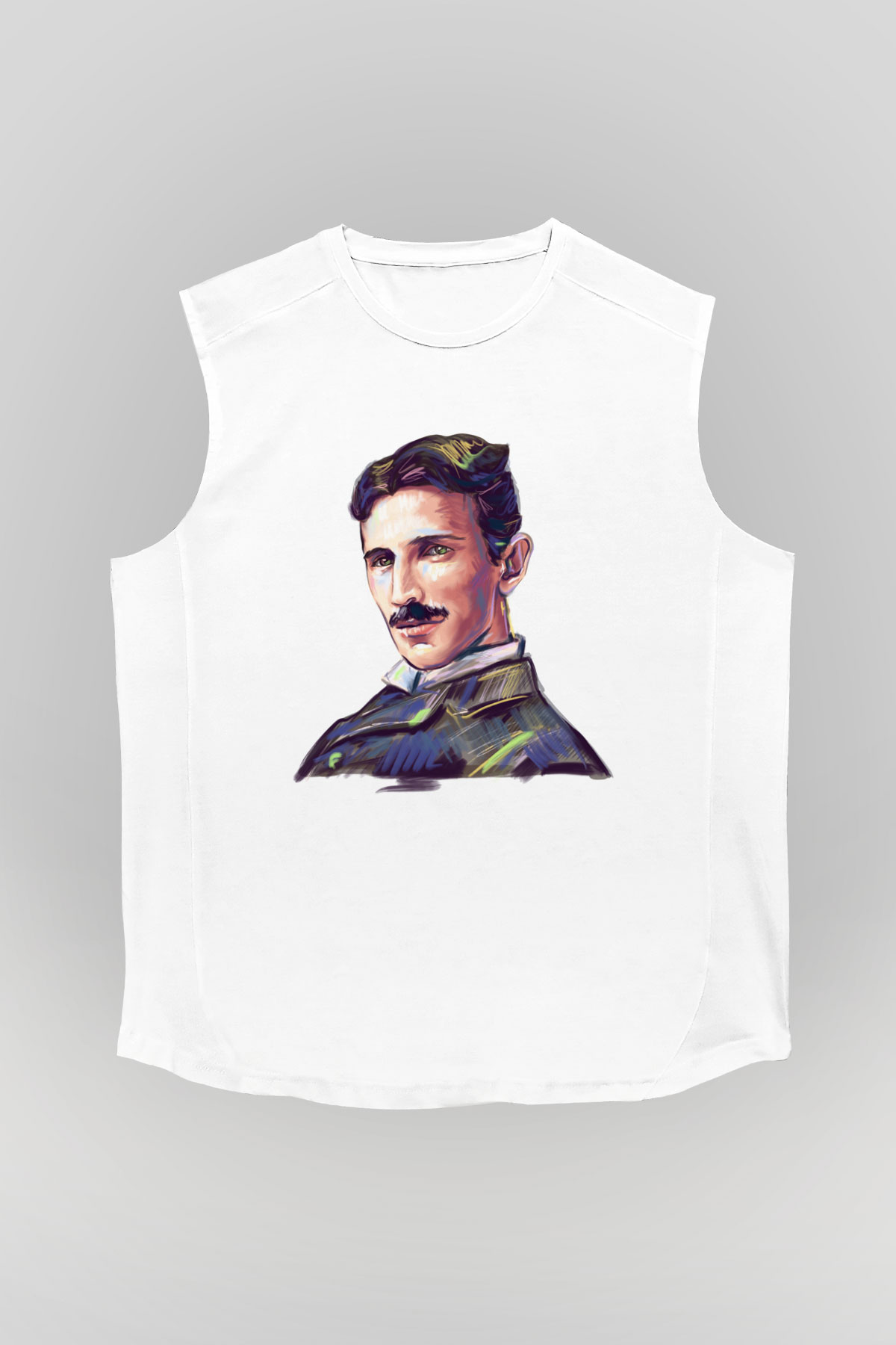 Nikola Tesla Çizim Portre Baskılı Unisex Beyaz Kolsuz Tişört