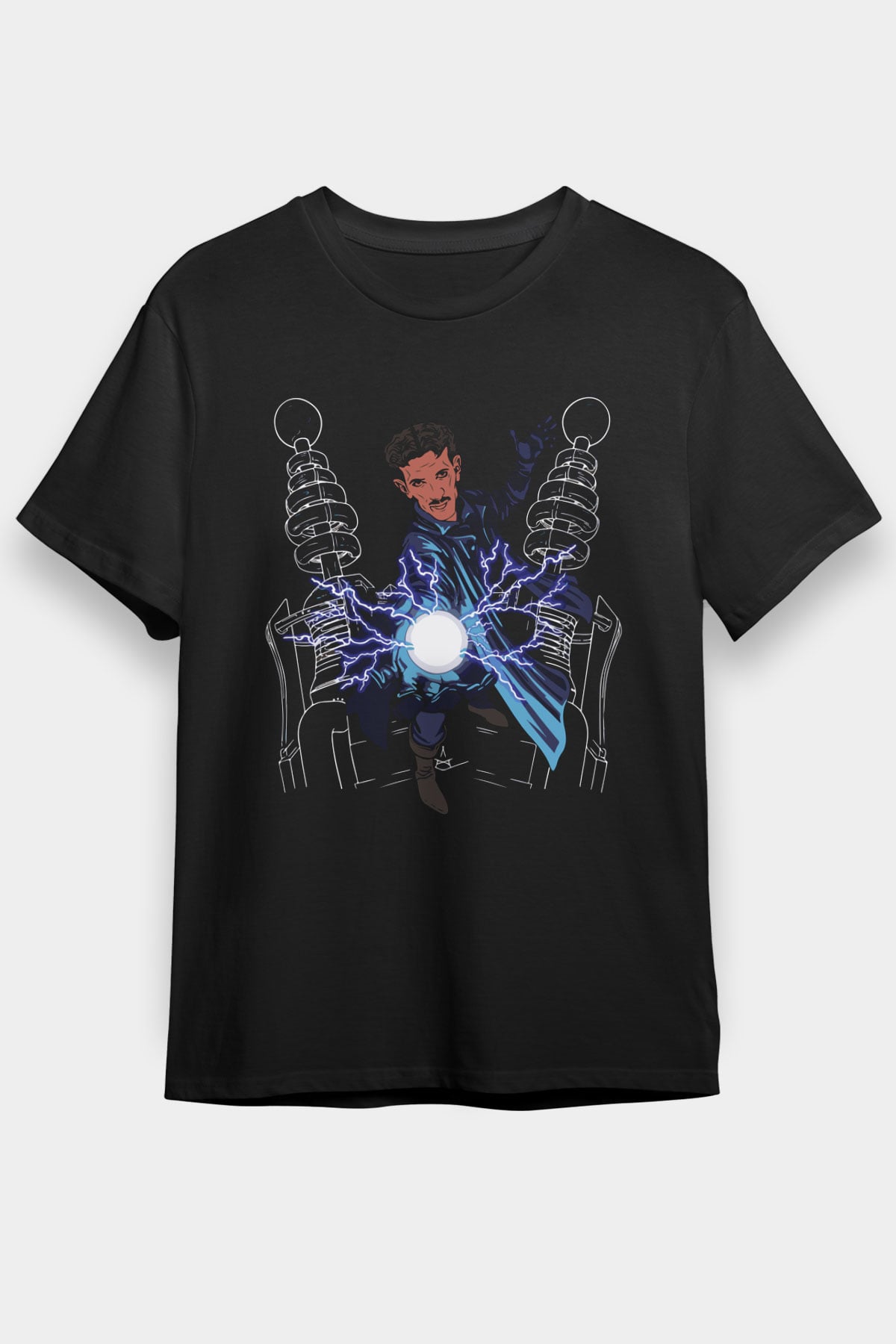 Nikola Tesla Elektrik Çizim Baskılı Unisex Siyah Tişört