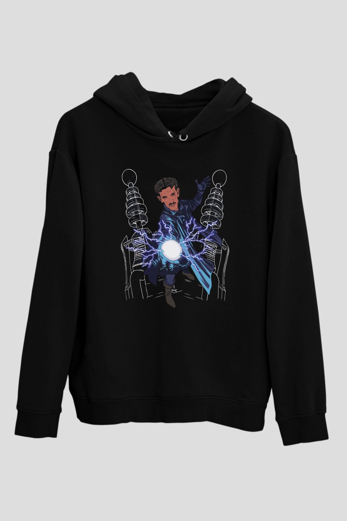 Nikola Tesla Elektrik Çizim Baskılı Unisex Siyah Hoodie
