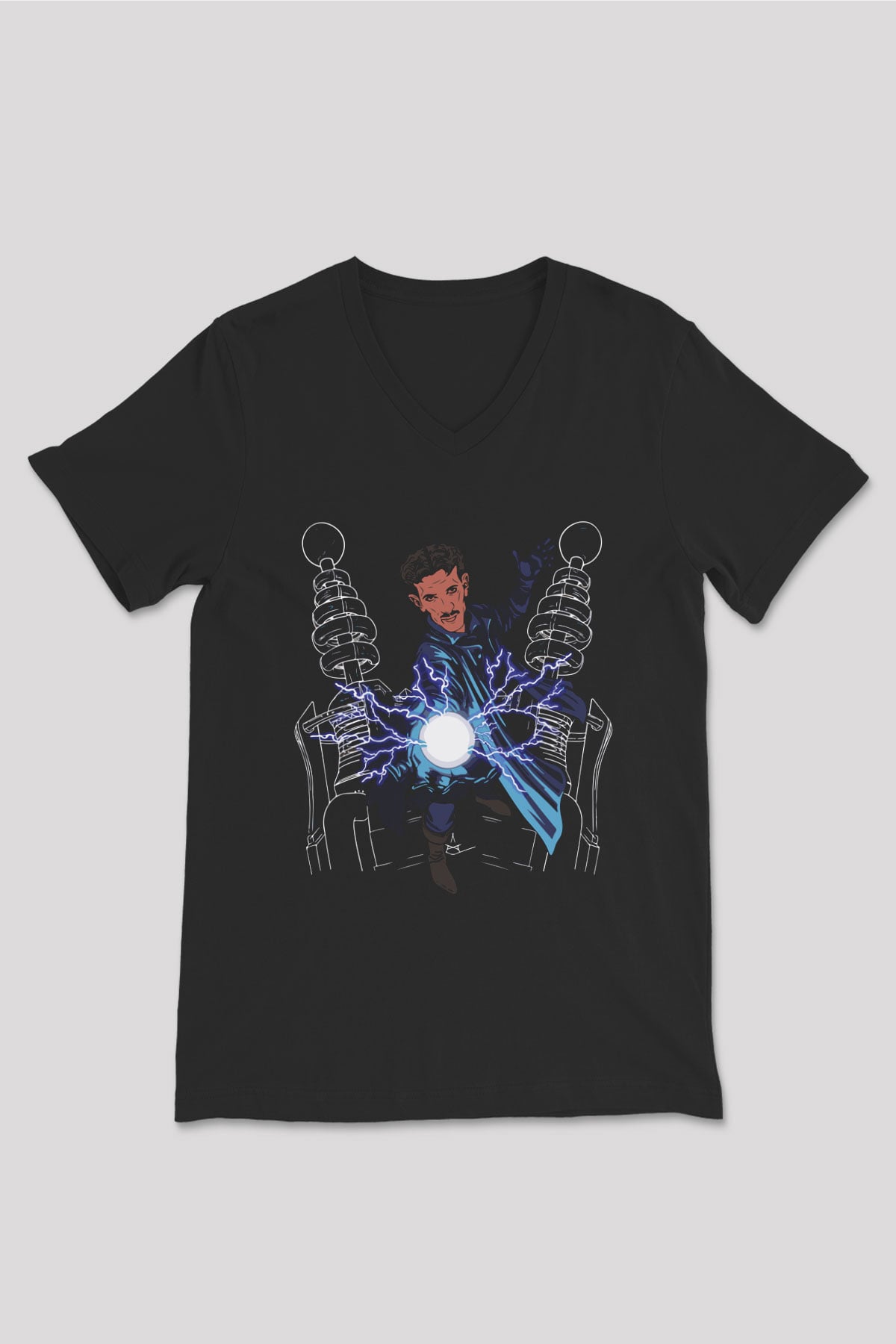 Nikola Tesla Elektrik Çizim Baskılı Unisex Siyah V Yaka Tişört