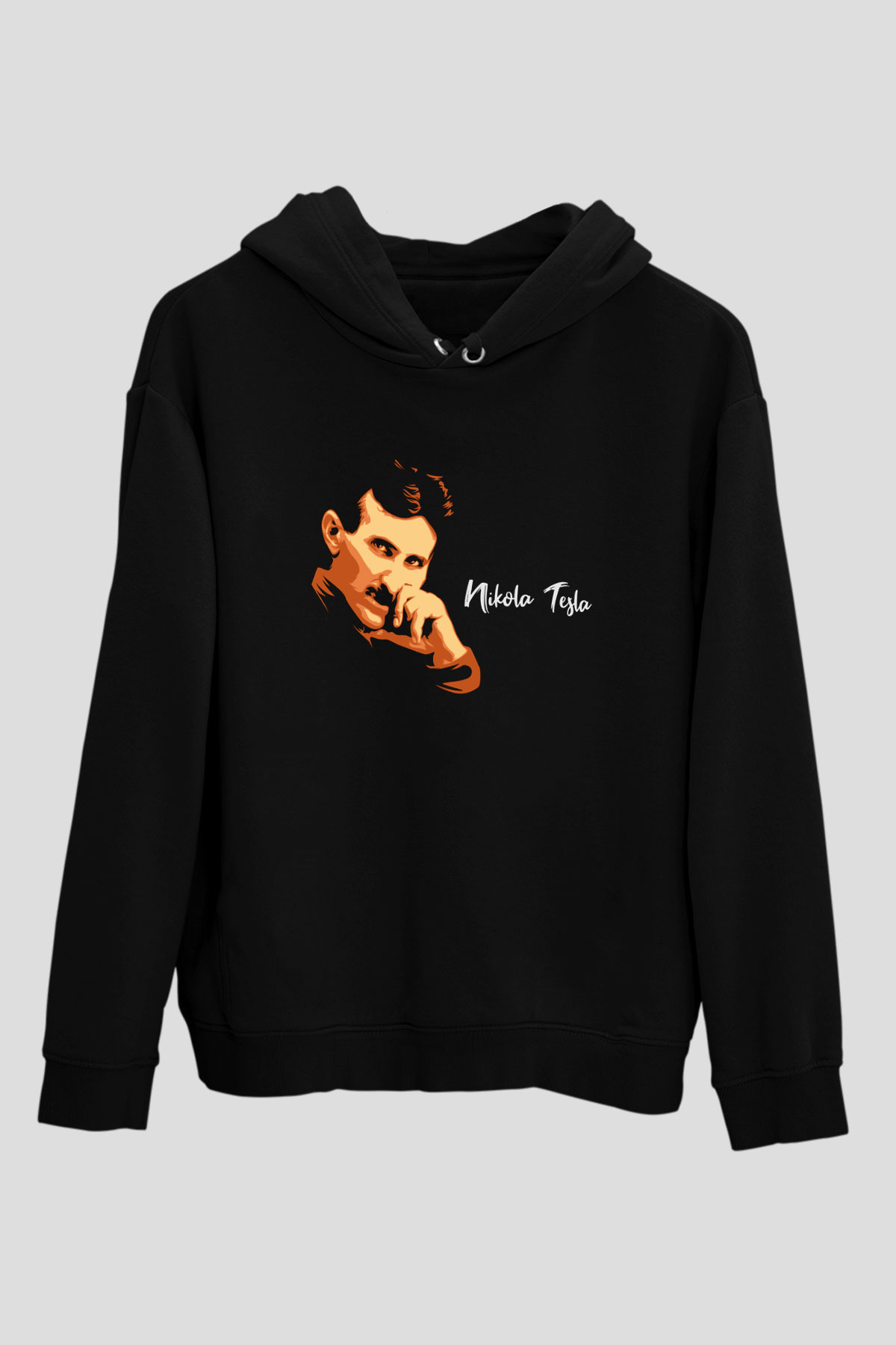 Nikola Tesla Portre Baskılı Unisex Siyah Hoodie