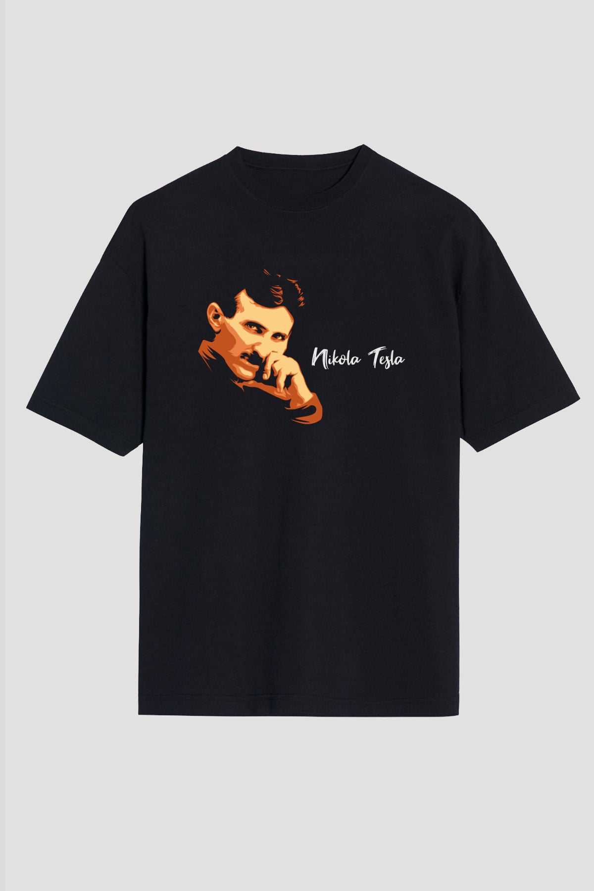 Nikola Tesla Portre Baskılı Unisex Siyah Oversize Tişört