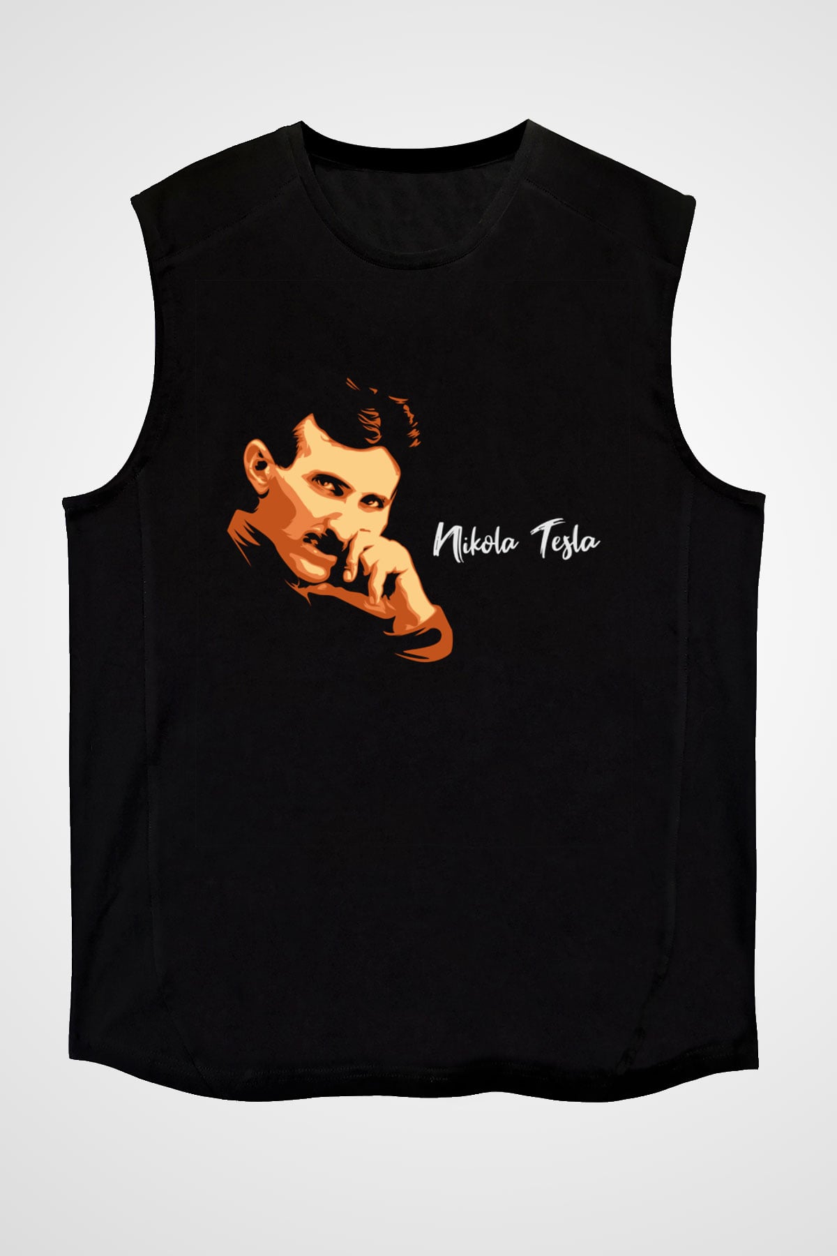 Nikola Tesla Portre Baskılı Unisex Siyah Kolsuz Tişört