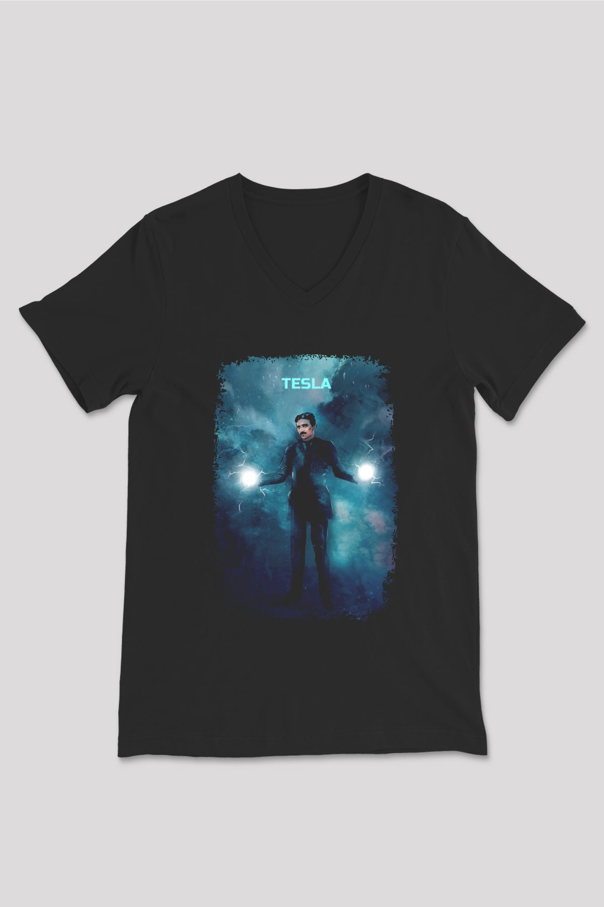 Nikola Tesla Renkli Çizim Baskılı Unisex V Yaka Siyah Tİşört - Tshirt