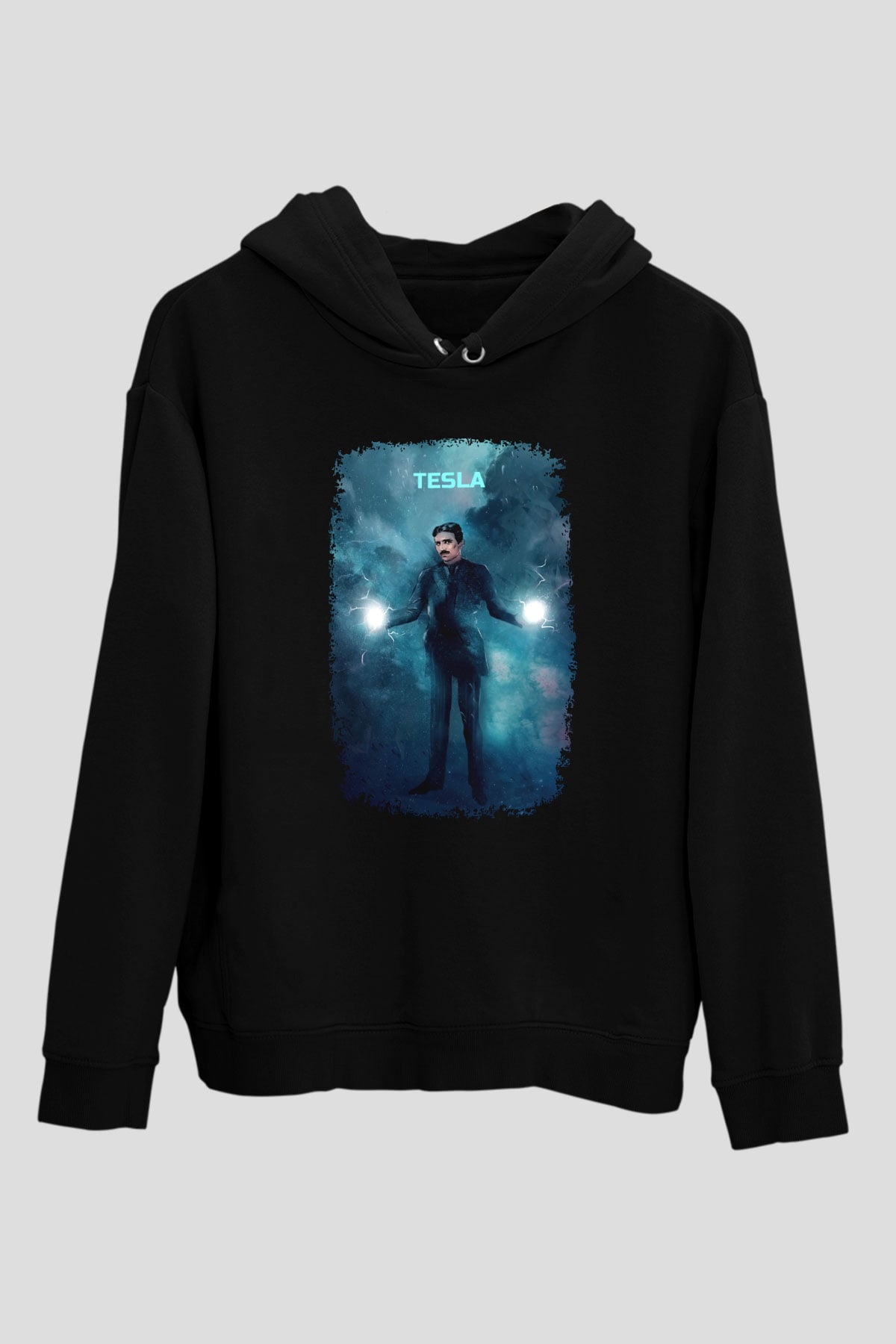 Nikola Tesla Renkli Çizim Baskılı Unisex Siyah Kapüşonlu Sweatshirt