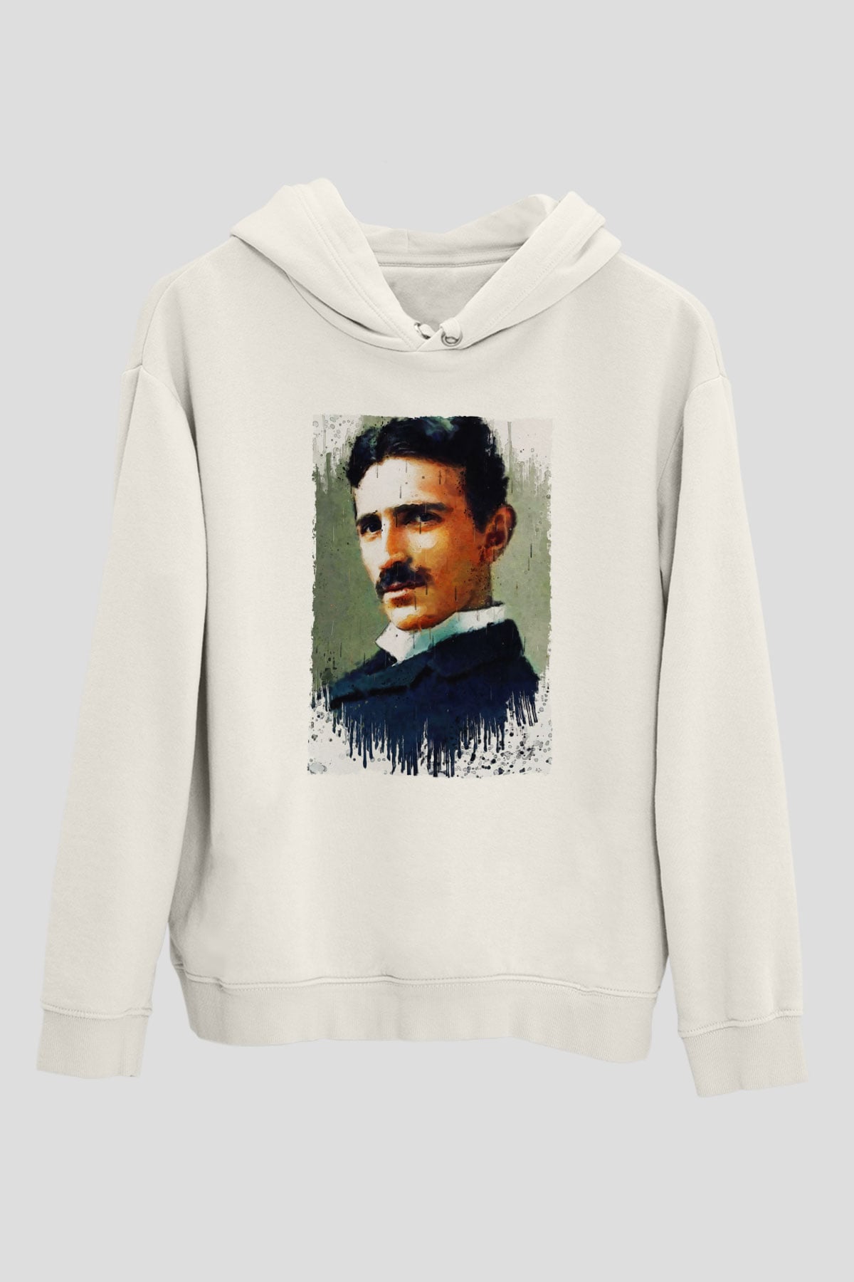 Nikola Tesla Renkli Portre Baskılı Unisex Ekru Hoodie