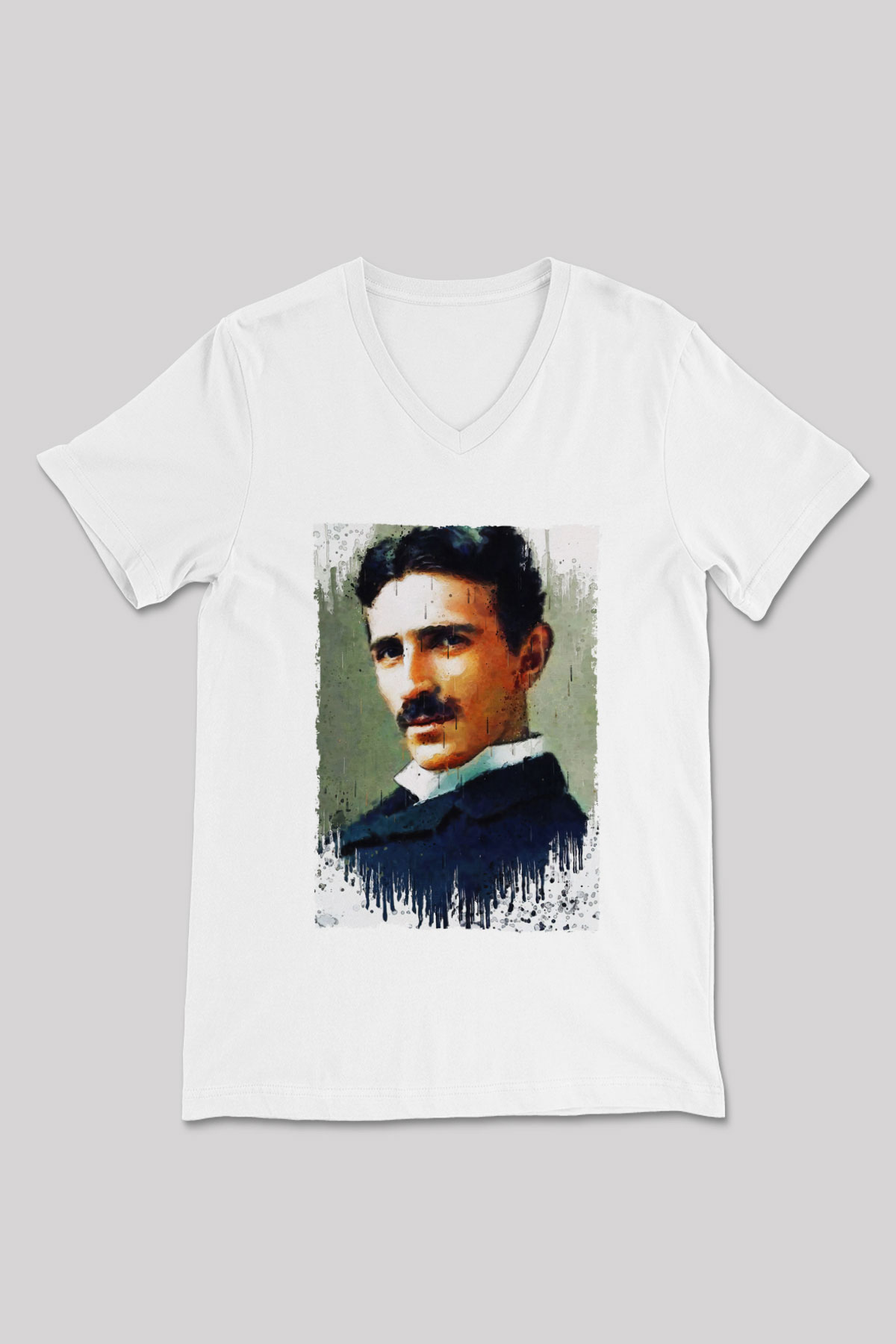 Nikola Tesla Renkli Portre Baskılı Unisex V Yaka Beyaz Tişört - Tshirt