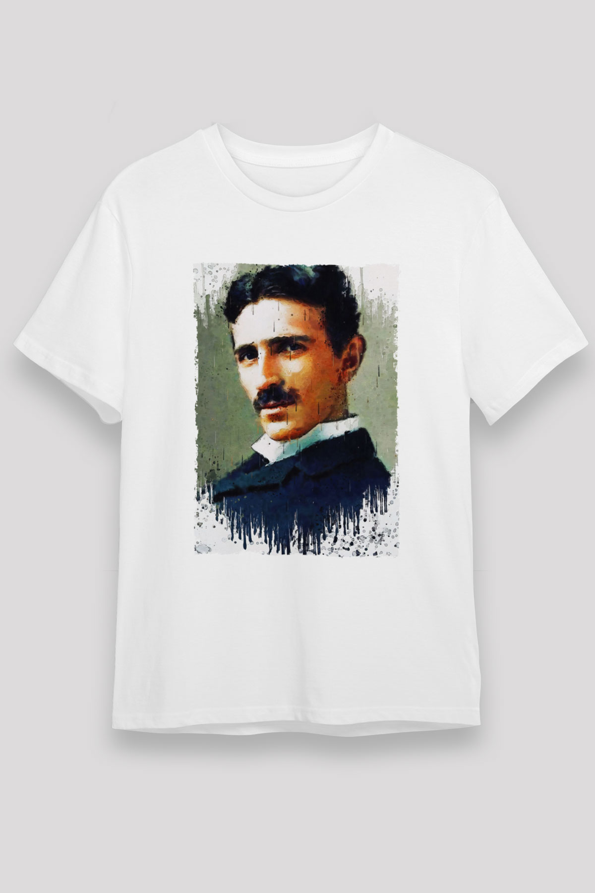 Nikola Tesla Renkli Portre Baskılı Unisex Beyaz Tişört - Tshirt