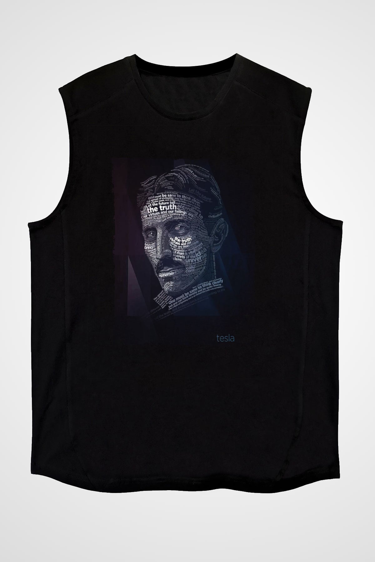 Nikola Tesla Tipografi Baskılı Unisex Kolsuz Siyah Tişört - Tshirt