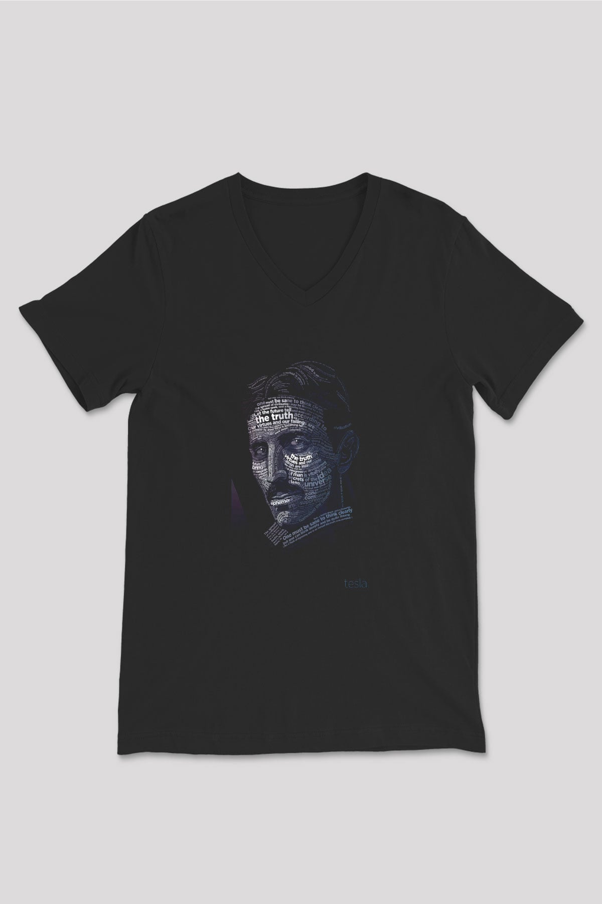 Nikola Tesla Tipografi Baskılı Unisex V Yaka Siyah Tİşört - Tshirt