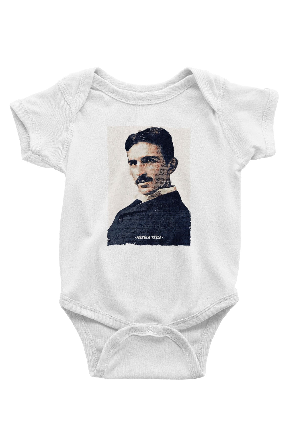 Nikola Tesla Yazılı Portre Baskılı Beyaz Bebek Body - Zıbın