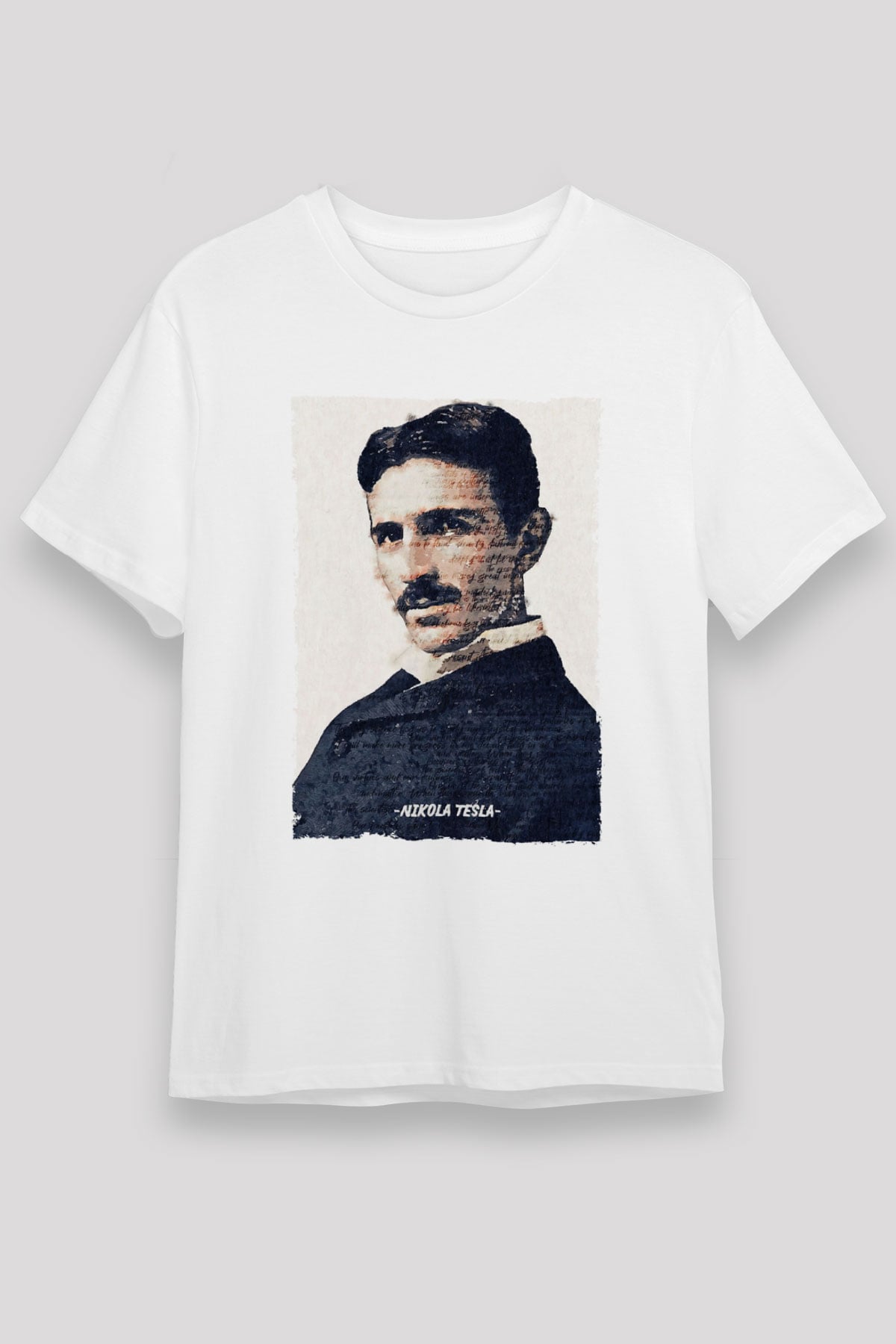 Nikola Tesla Yazılı Portre Baskılı Unisex Beyaz Tişört - Tshirt
