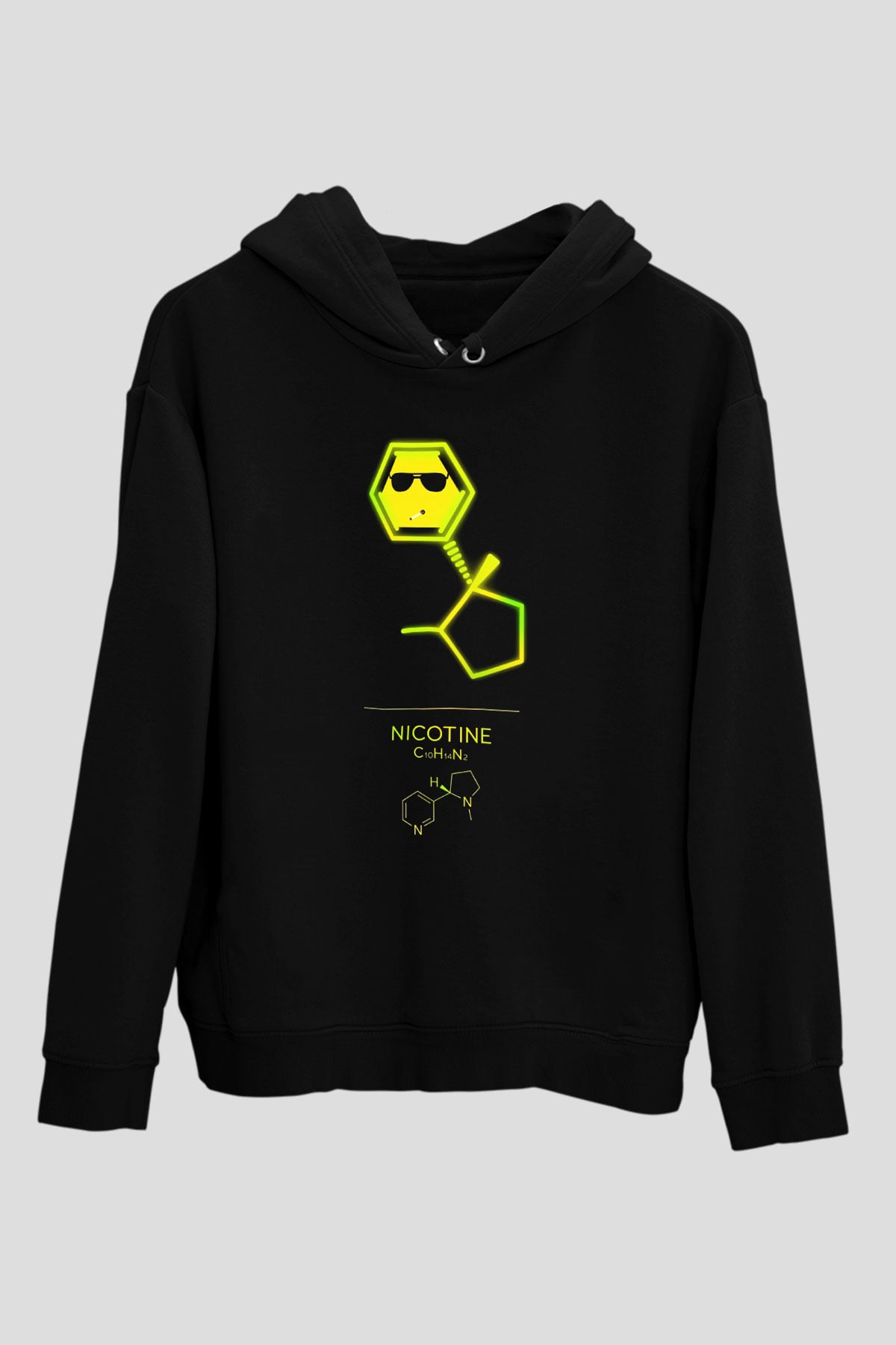 Nikotin Baskılı Unisex Siyah Kapüşonlu Sweatshirt