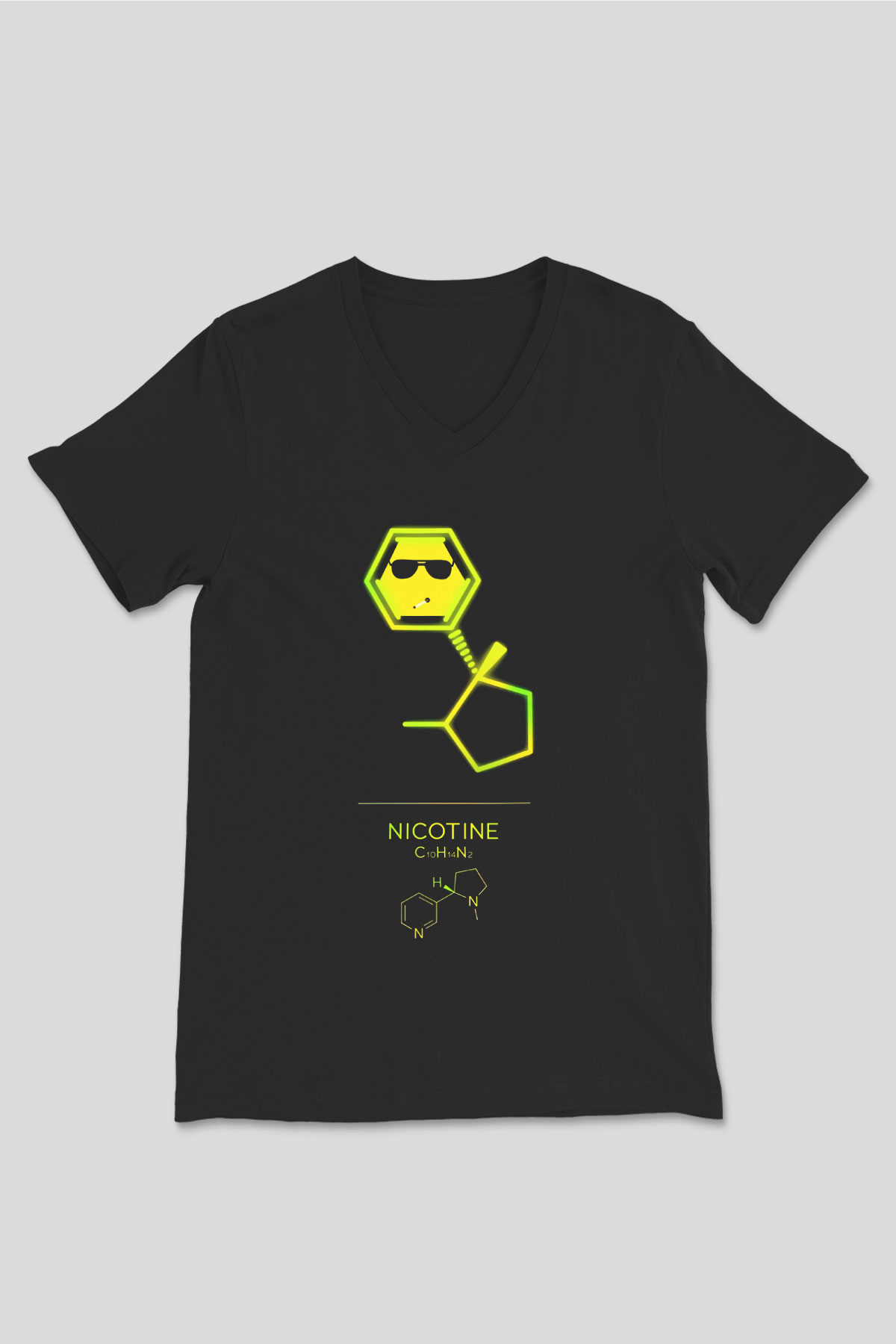Nikotin Baskılı Unisex V Yaka Siyah Tİşört - Tshirt