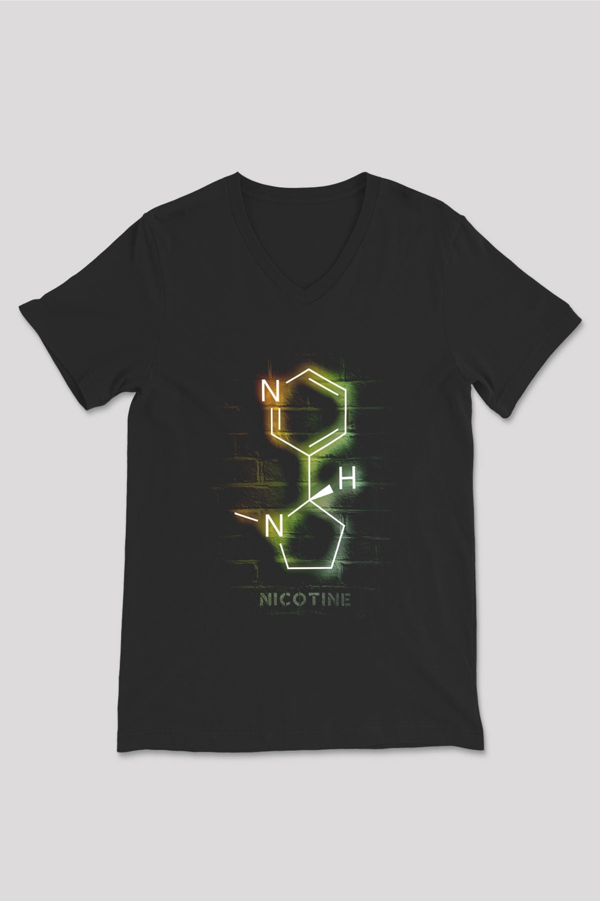 Nikotin Molekülü Baskılı Unisex V Yaka Siyah Tİşört - Tshirt