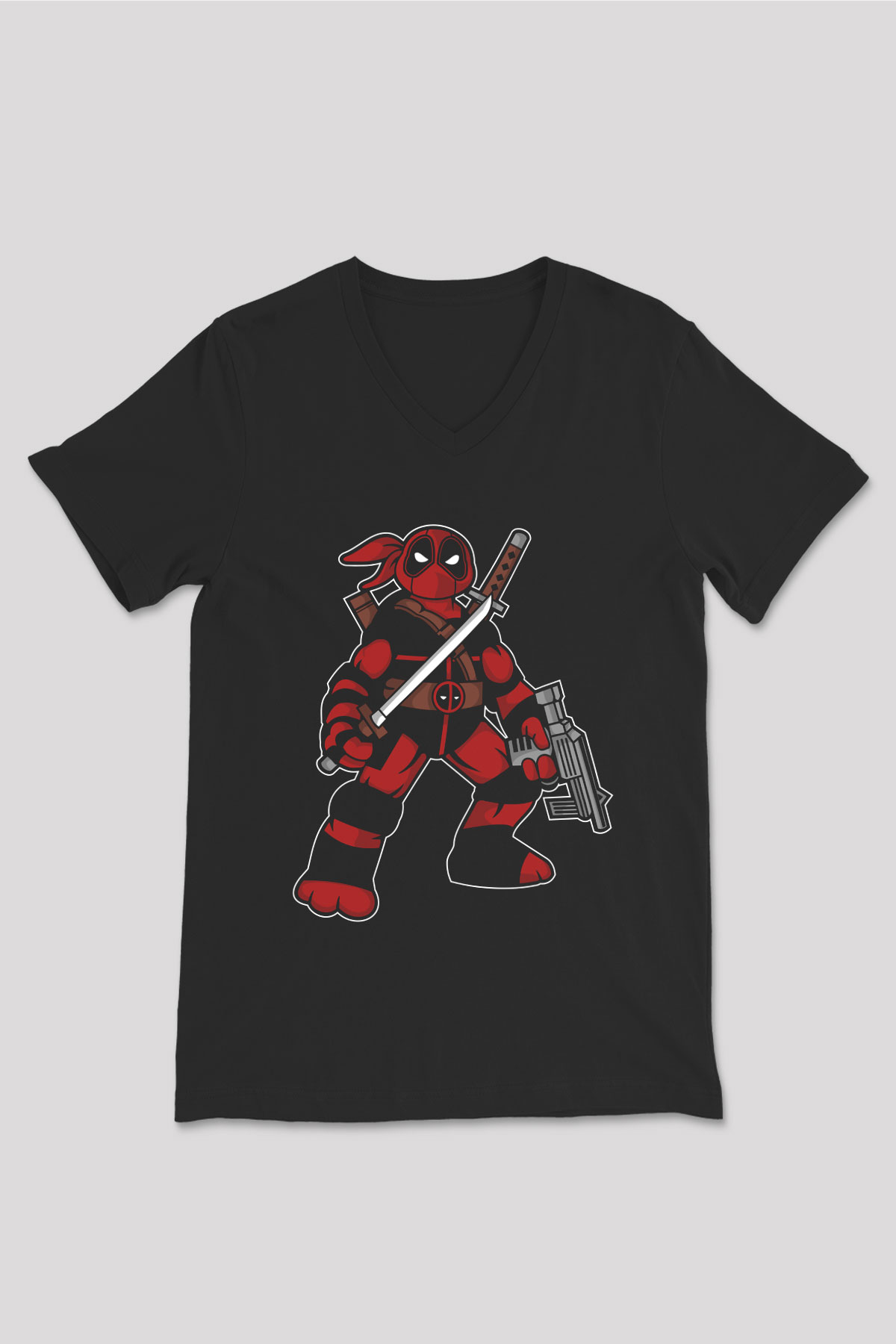 Ninja Deadpool Baskılı Siyah Unisex V Yaka Tişört