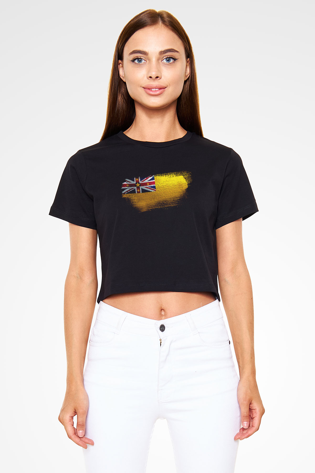 Niue Bayrağı Baskılı Kadın Crop Top Siyah Tişört