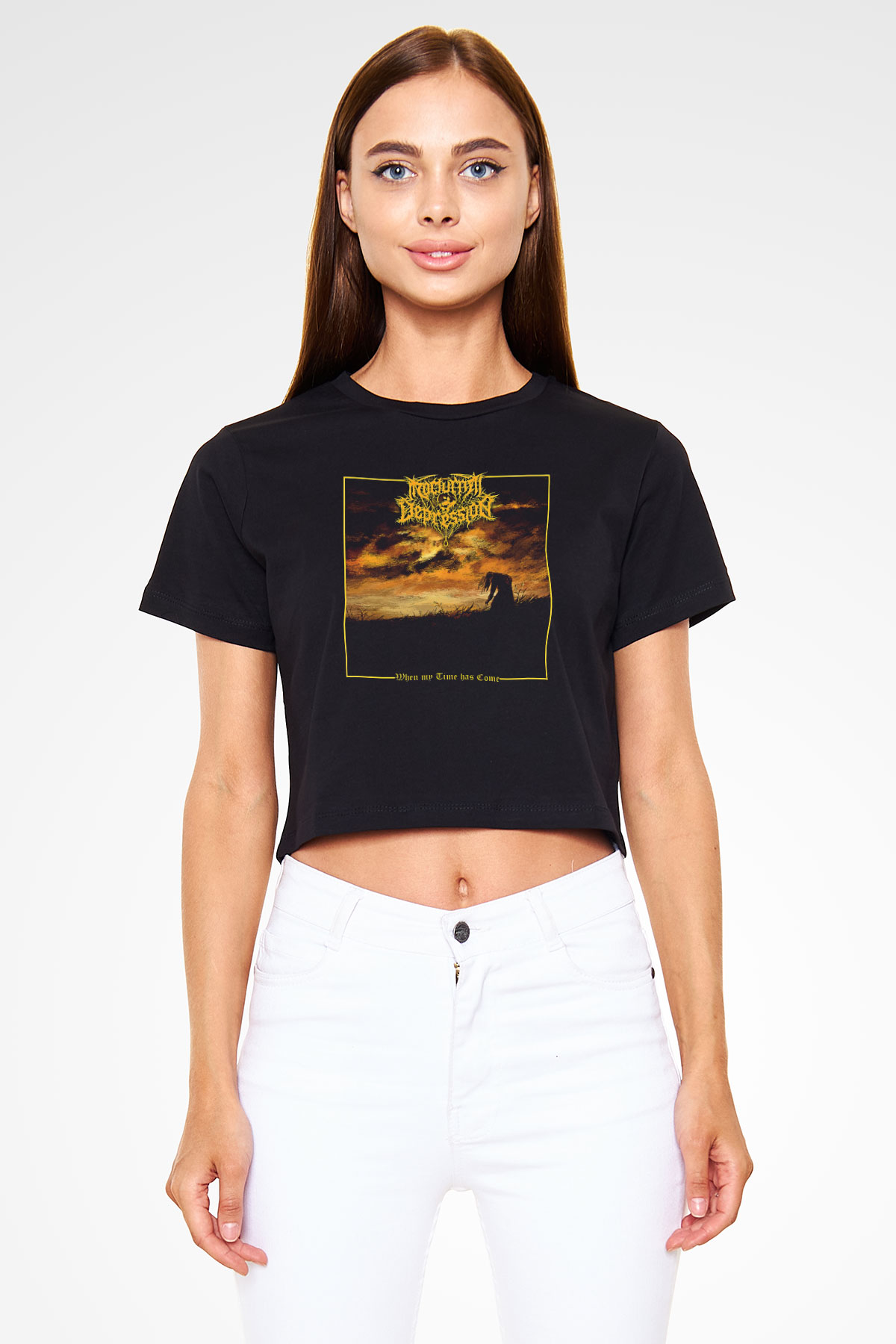 Nocturnal Depression Baskılı Siyah Crop Top Kadın Tişört - Tshirt