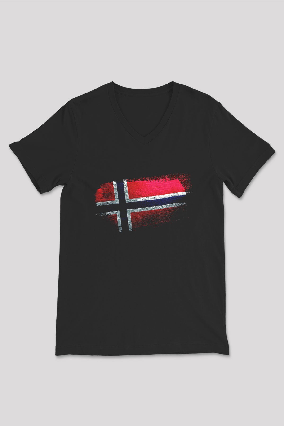 Norveç - Norway Bayrağı Baskılı Unisex Siyah V Yaka Tişört